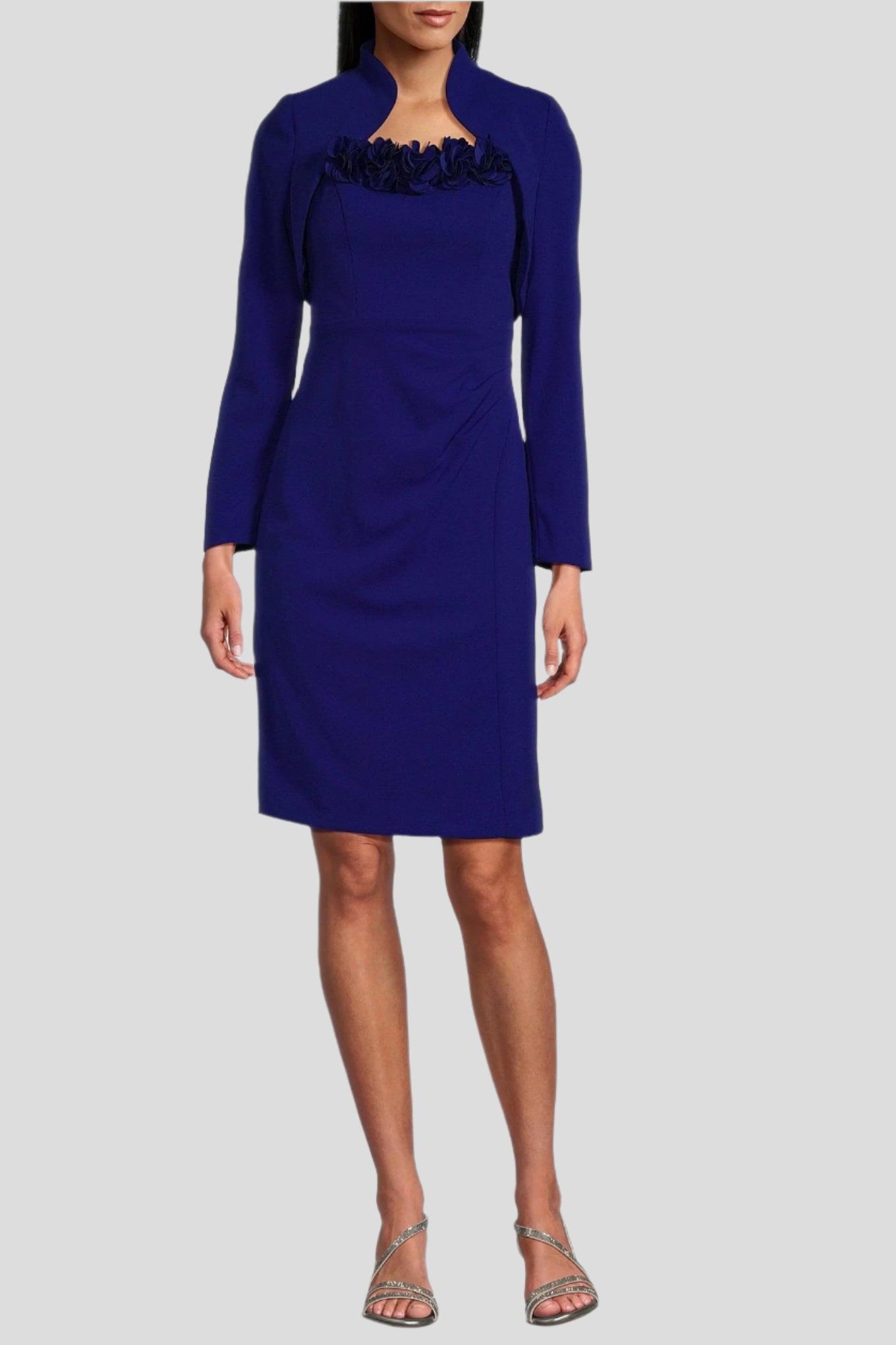 Rosette Square Neck Ruched Dress With Jacket