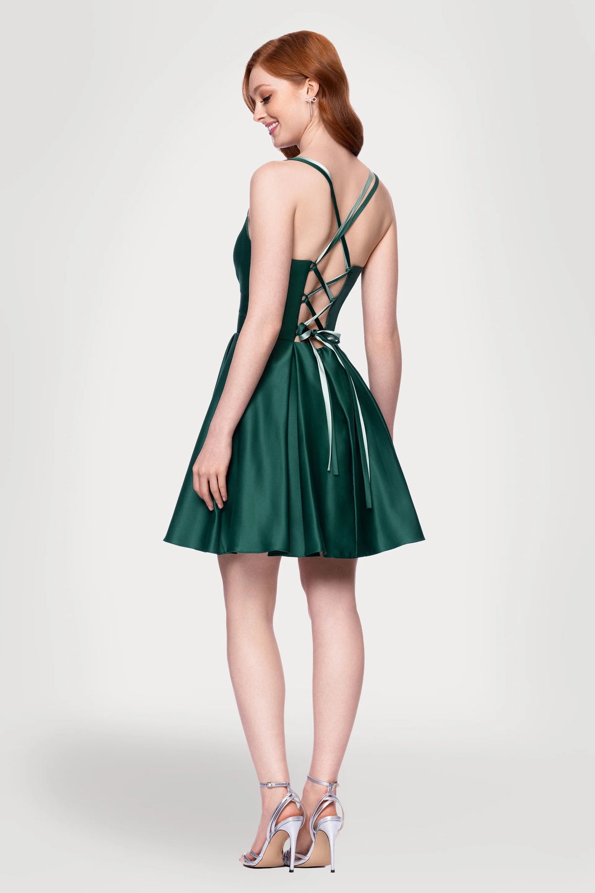Ruched Sweetheart Lace-Up Back Short Satin Dress