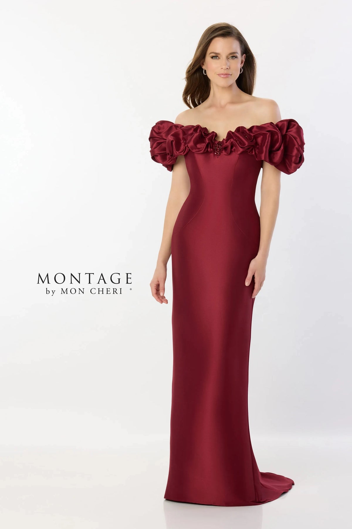 Ruffle Off Shoulder Gown with Bead Accents