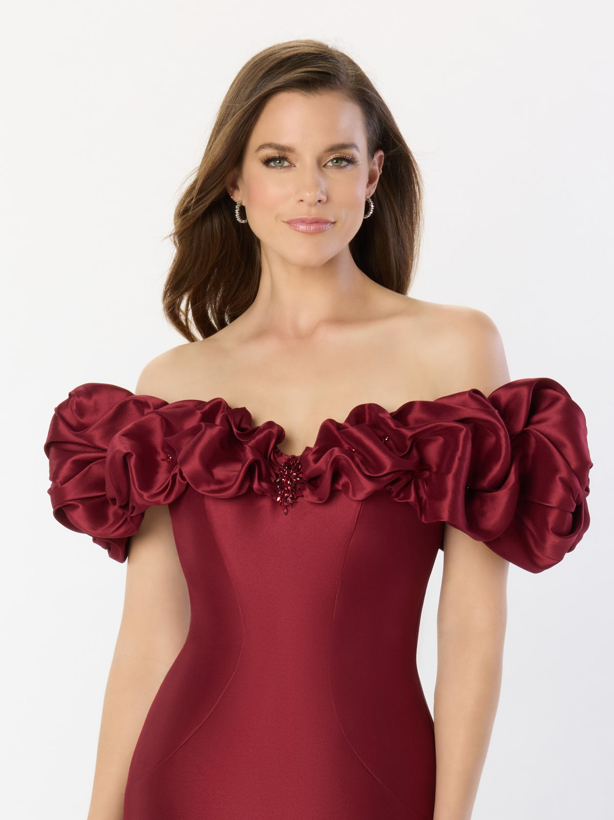 Ruffle Off Shoulder Gown with Bead Accents