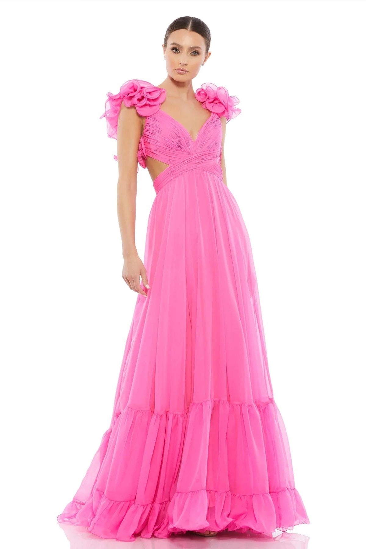 Ruffle Tiered Chiffon Cut-Out Gown