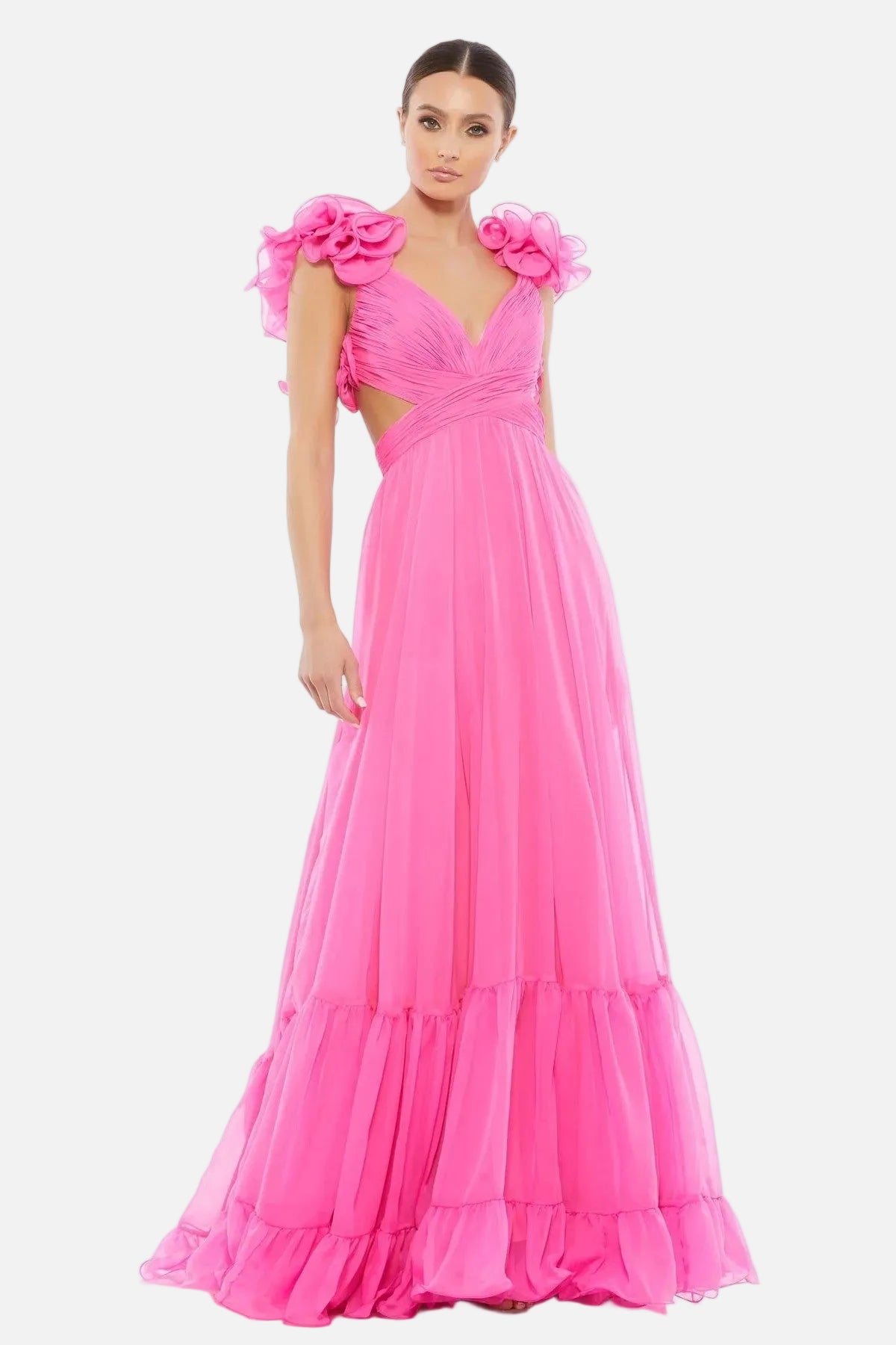 Ruffle Tiered Chiffon Cut-Out Gown