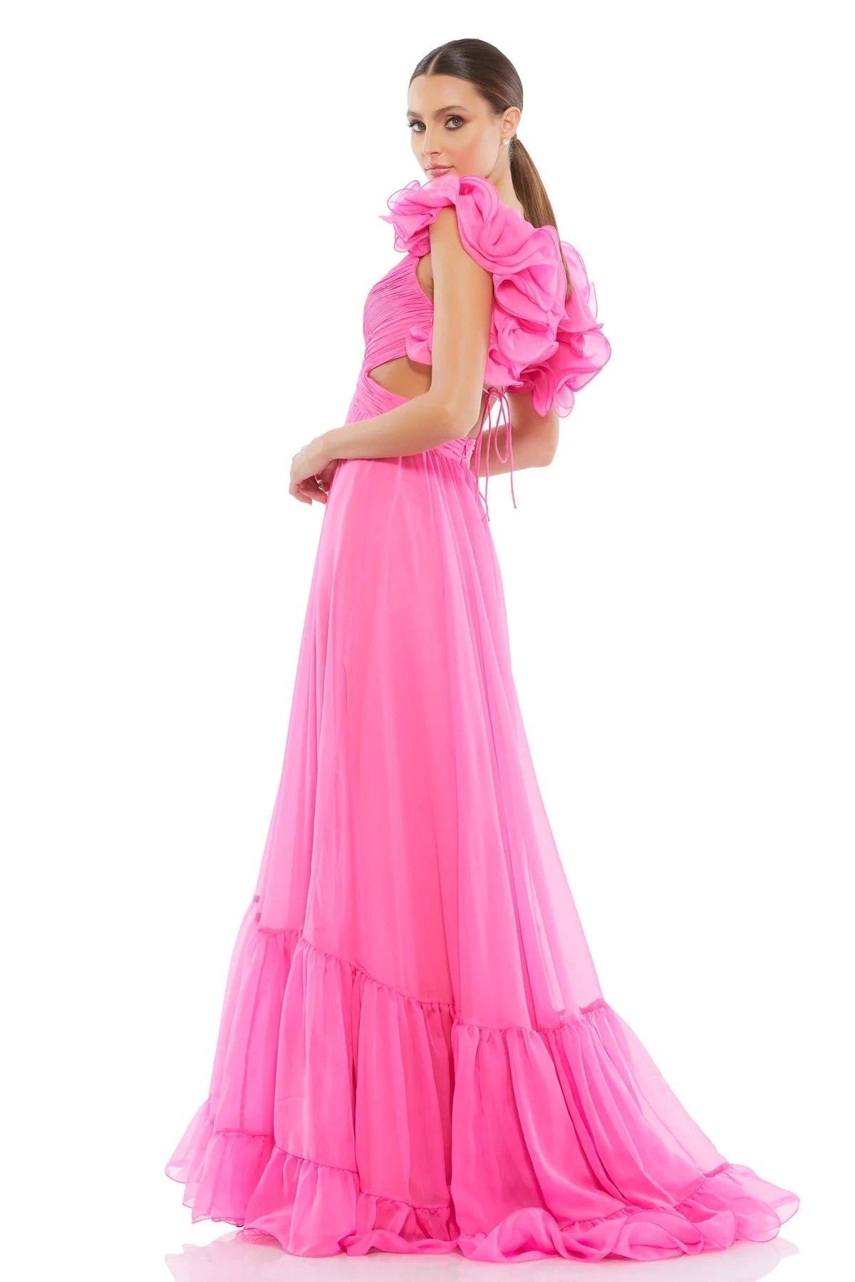 Ruffle Tiered Chiffon Cut-Out Gown
