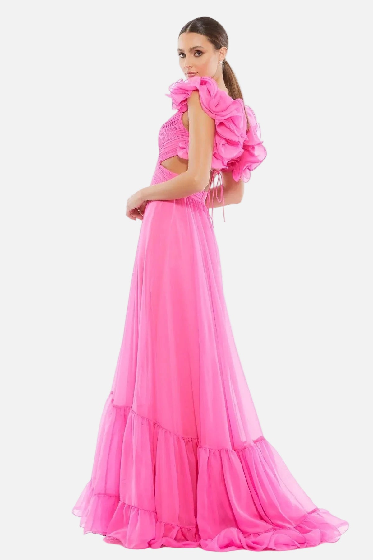 Ruffle Tiered Chiffon Cut-Out Gown