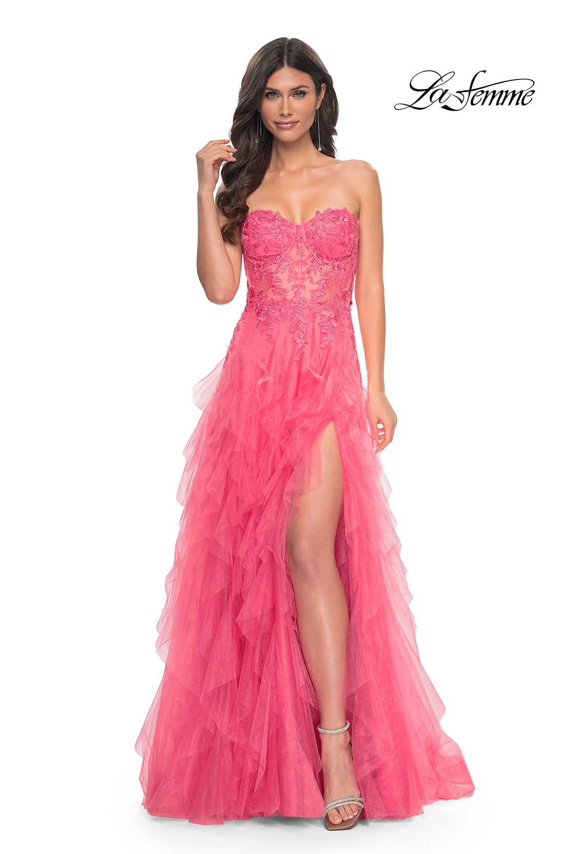 Ruffle Tulle Gown with Lace Up Bustier Bodice