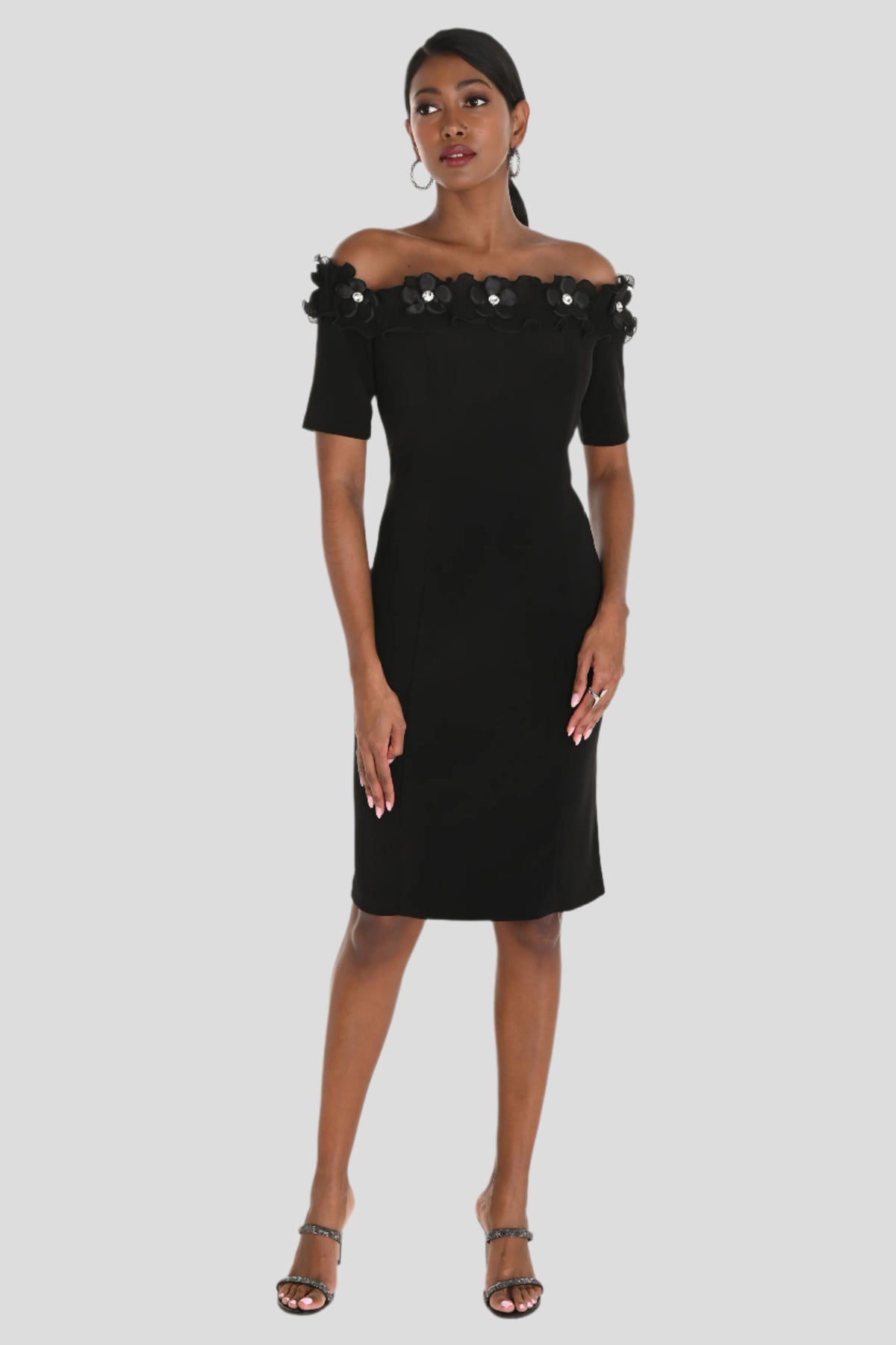 Ruffled Off Shoulder Dress with Jewel Embellished Flowers