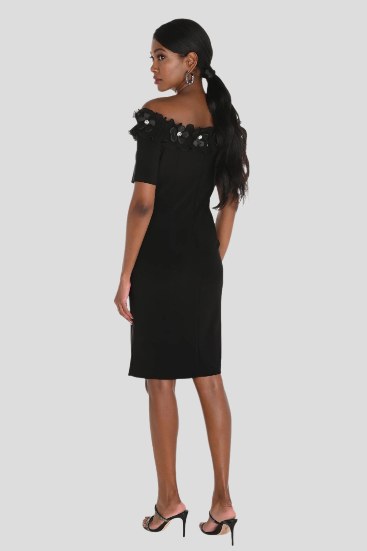 Ruffled Off Shoulder Dress with Jewel Embellished Flowers