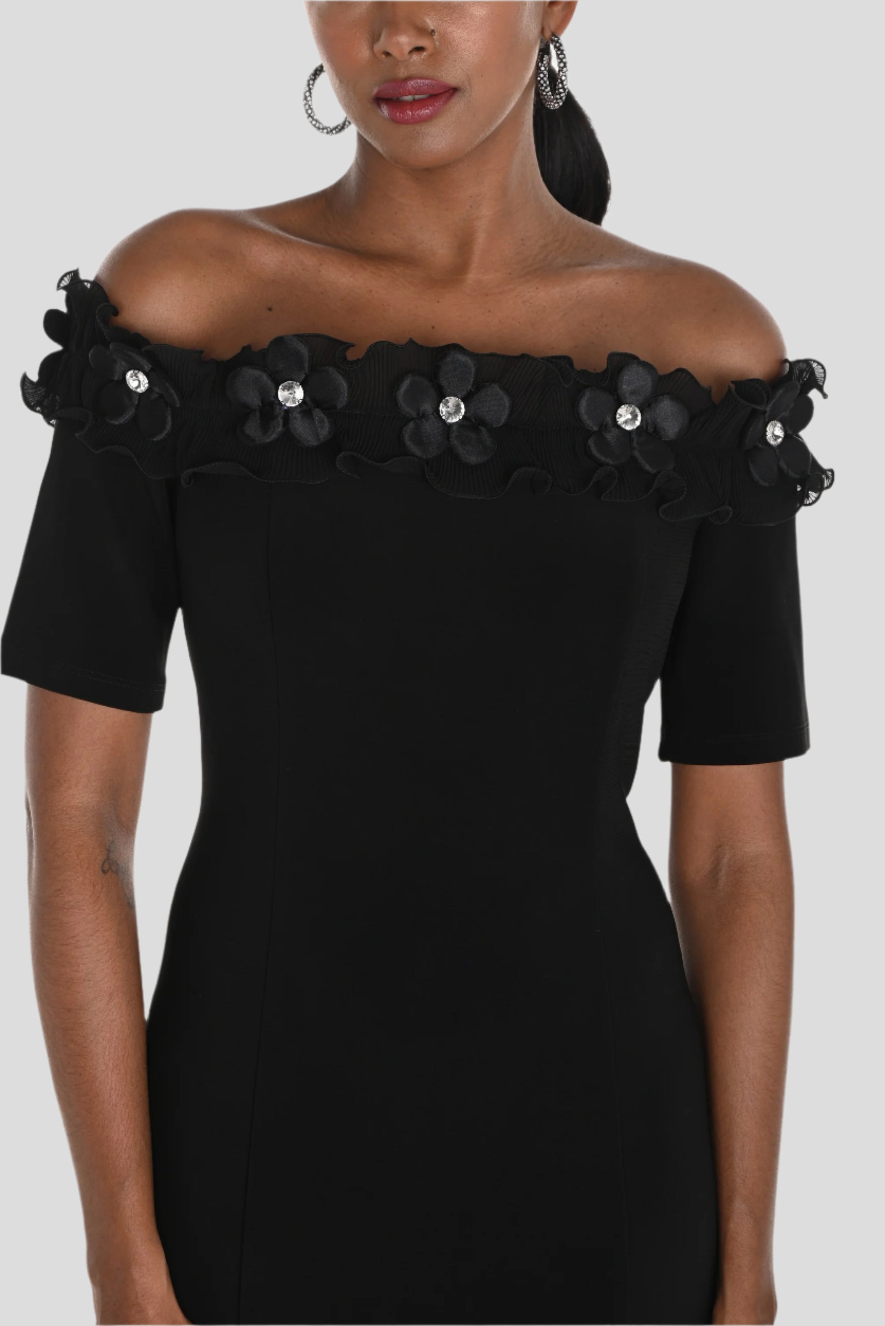 Ruffled Off Shoulder Dress with Jewel Embellished Flowers