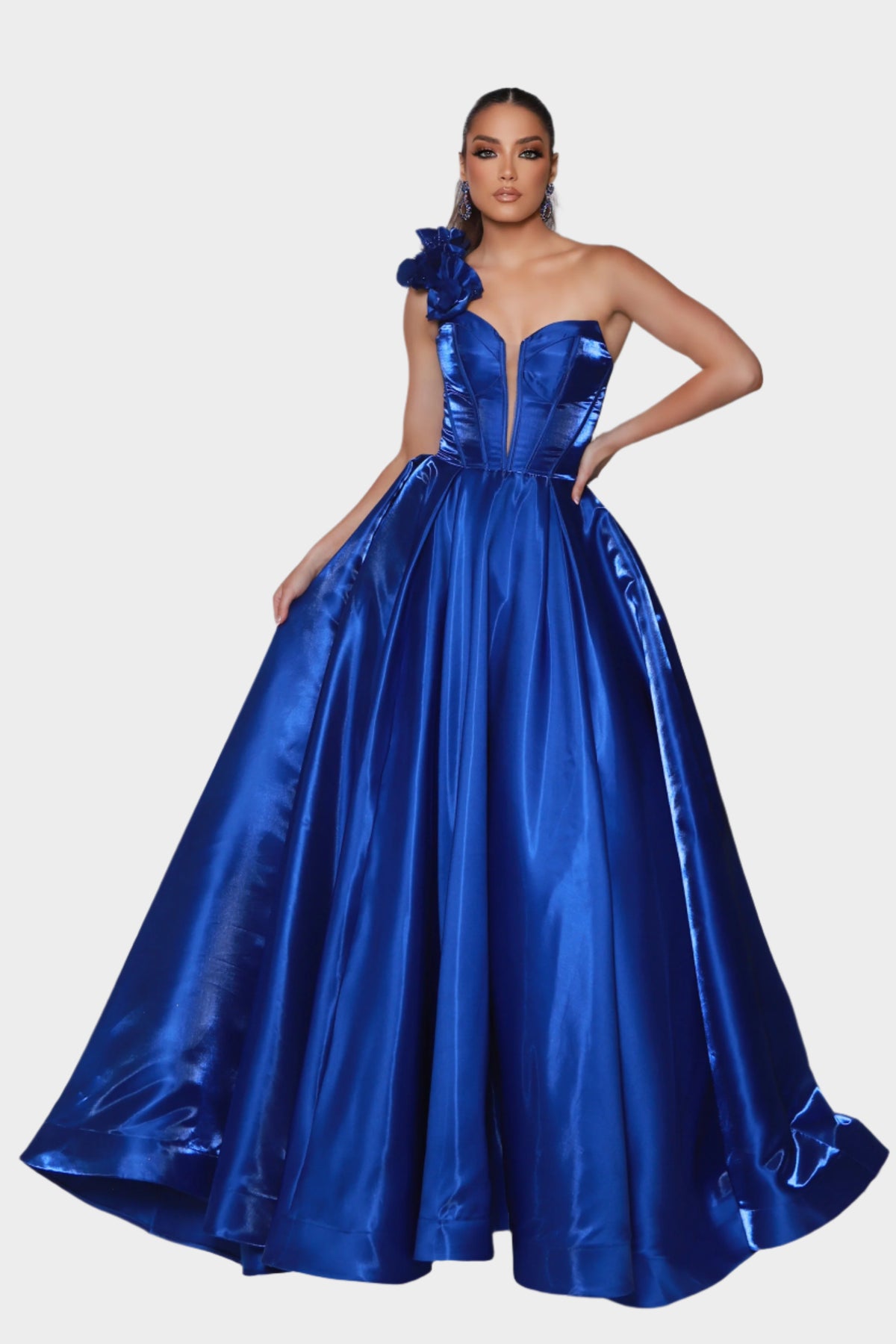 Ruffled One Shoulder Satin Corset Ball Gown