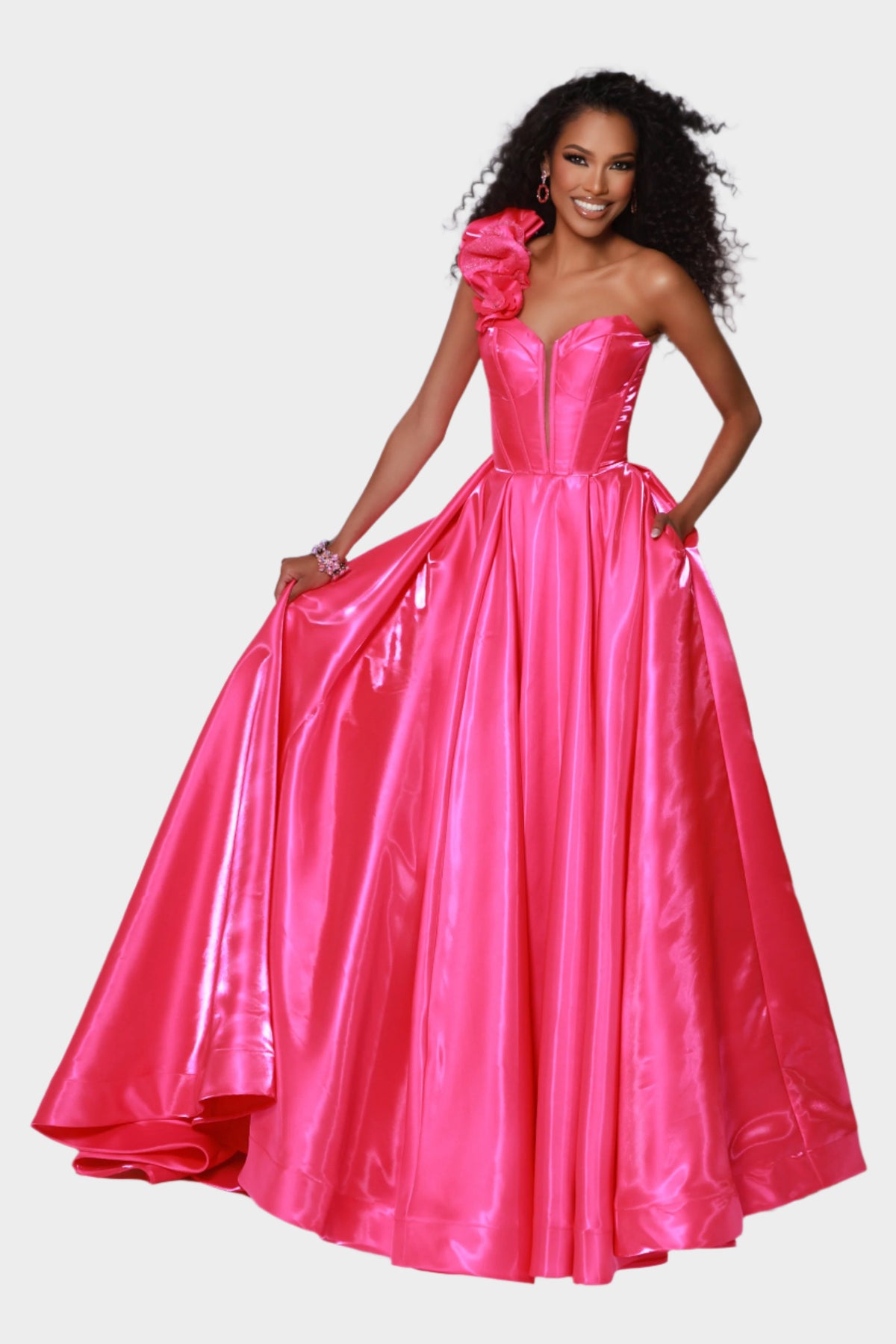 Ruffled One Shoulder Satin Corset Ball Gown