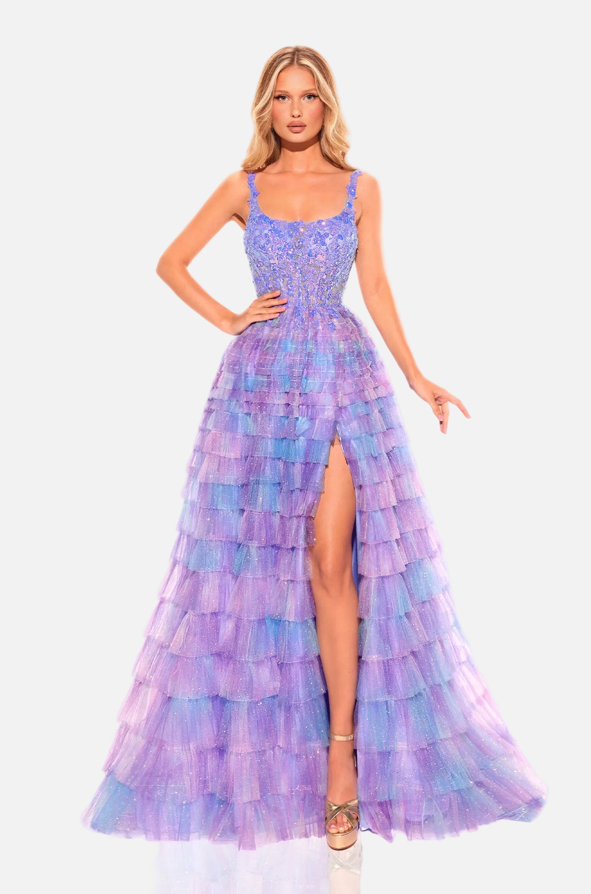 Ruffled Tulle Embroidered Bodice Gown