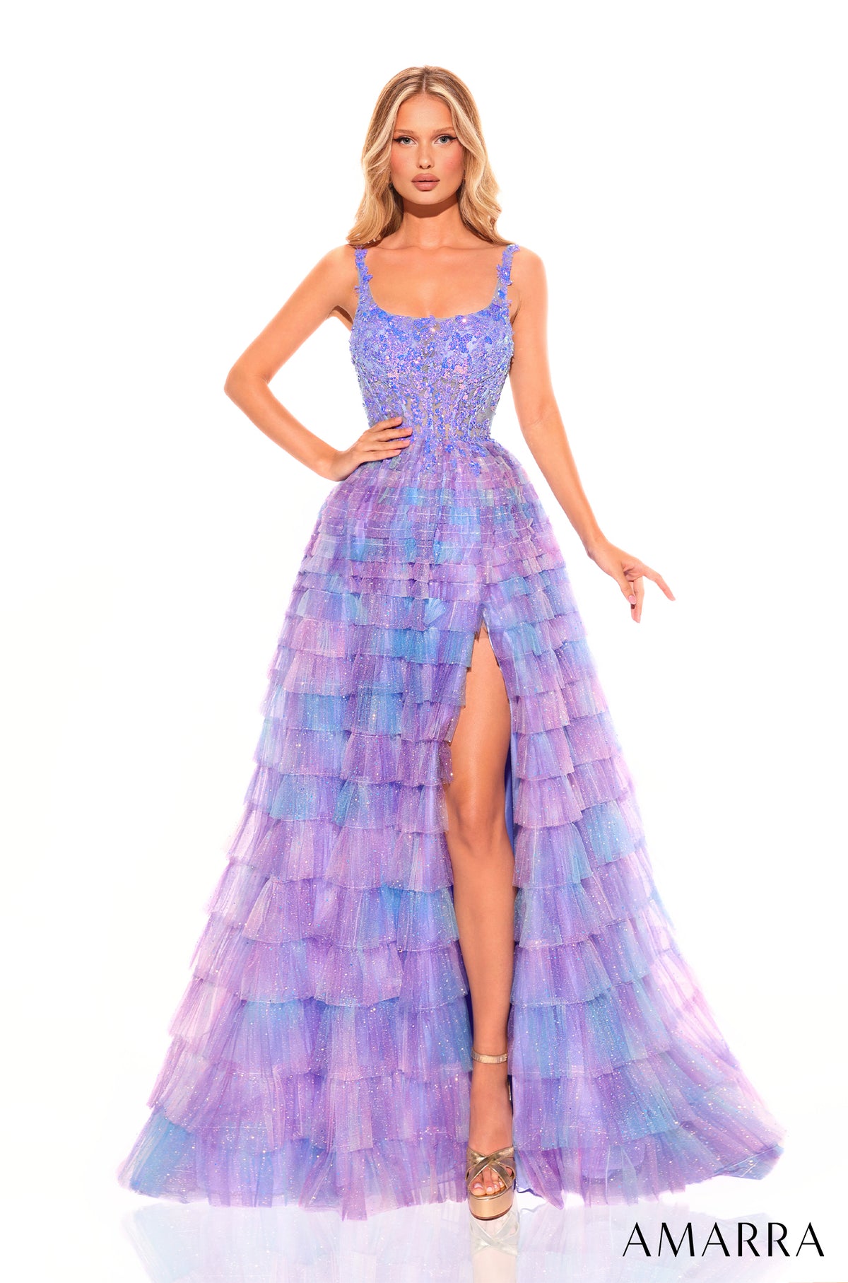 Ruffled Tulle Embroidered Bodice Gown