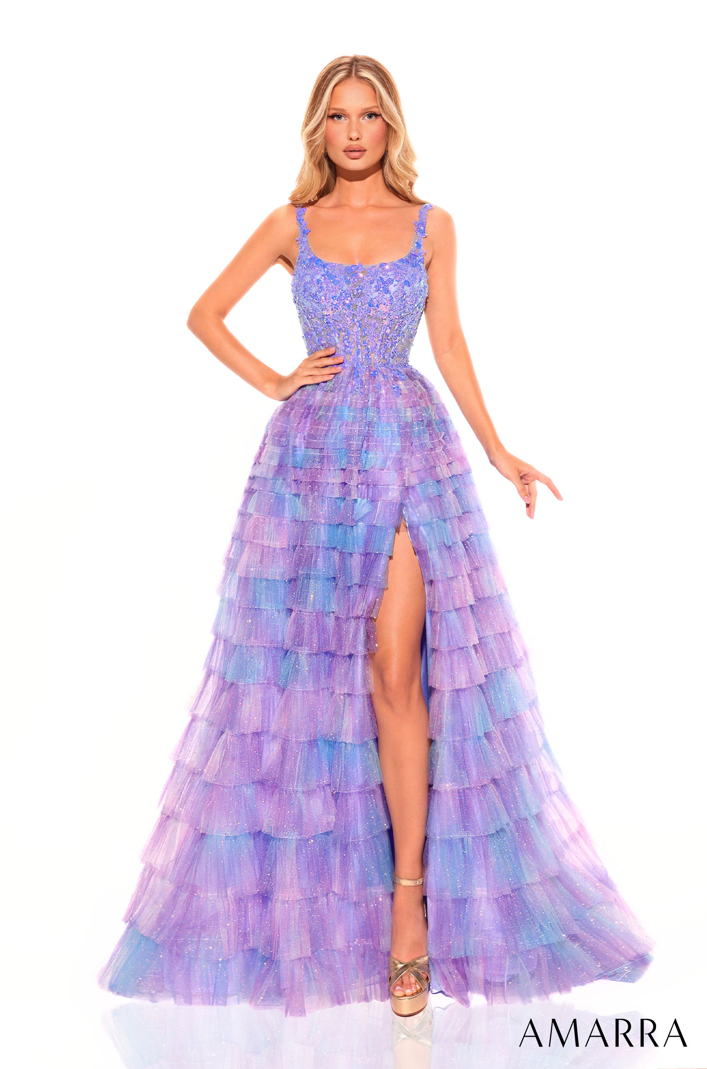 Ruffled Tulle Embroidered Bodice Gown