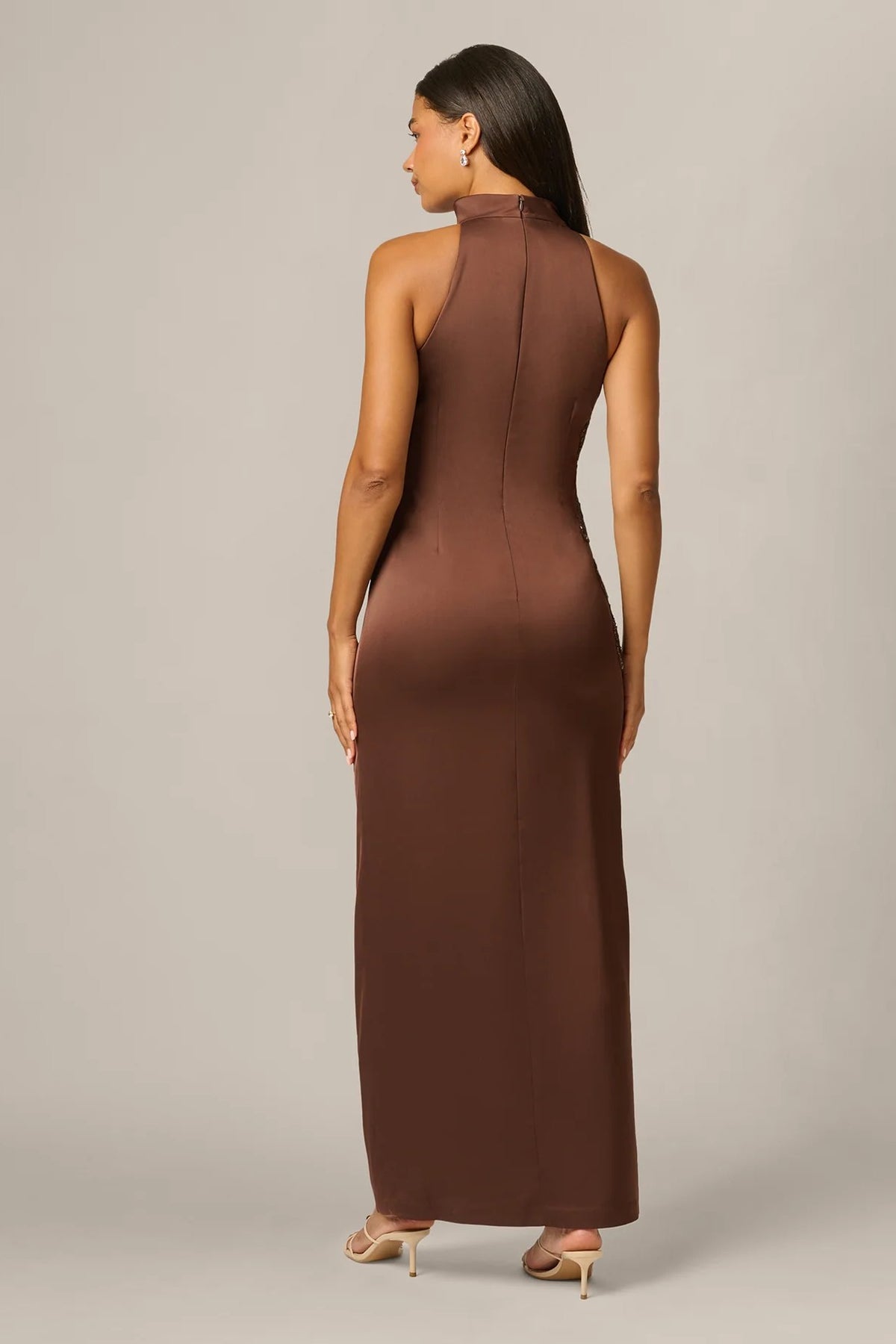 Satin Beaded Soutache Cowl Halter Gown