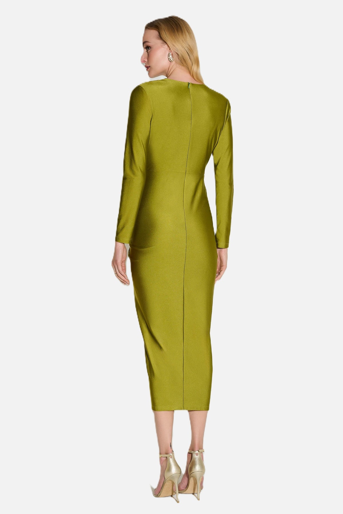 Satin Effect Knit Draped V-Neck Sheath Dress