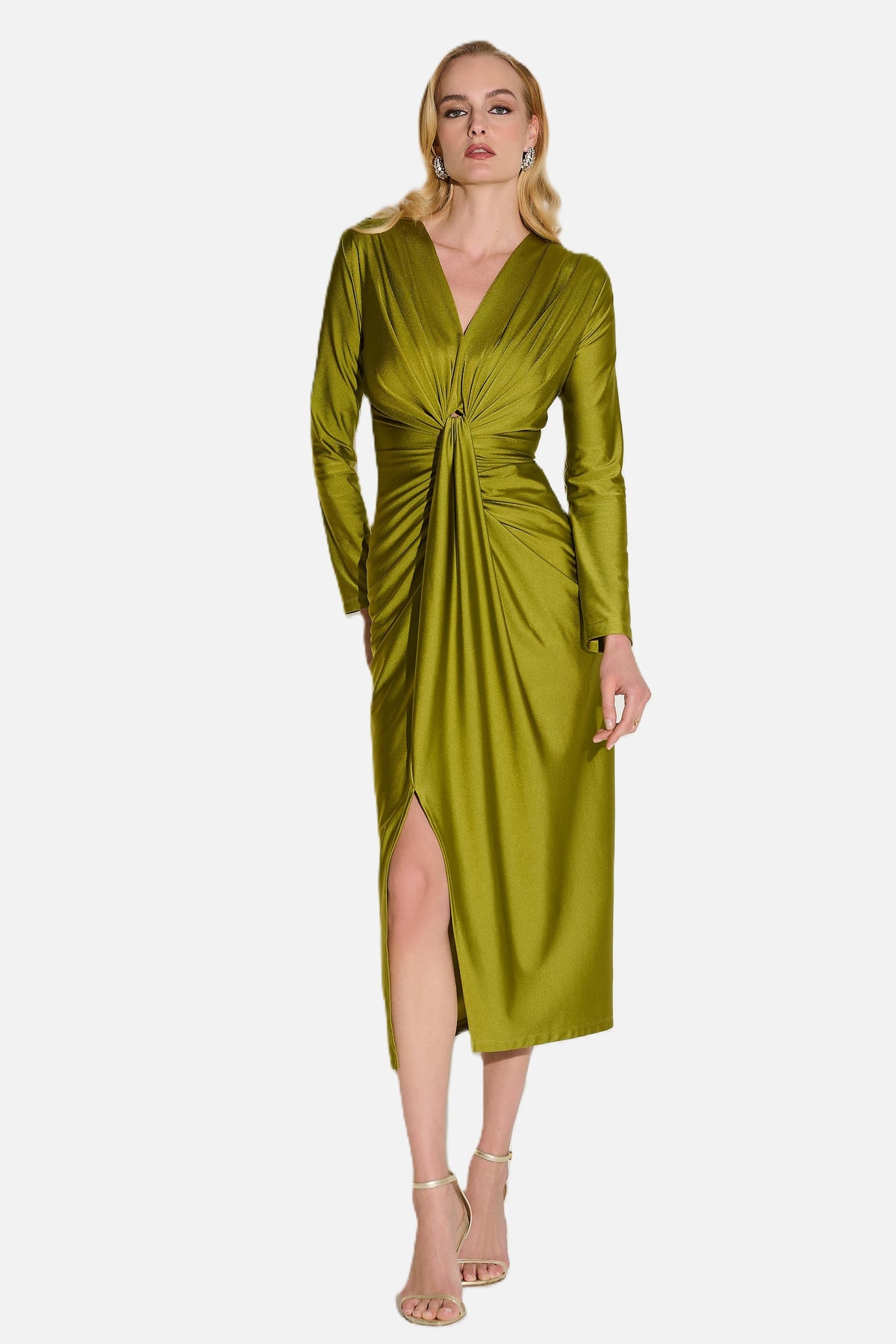 Satin Effect Knit Draped V-Neck Sheath Dress