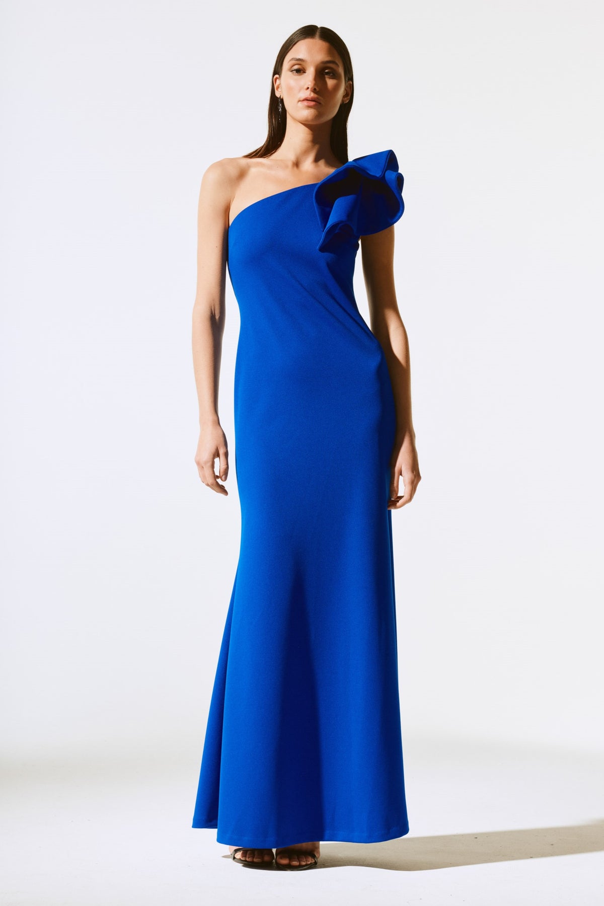 Scuba Crepe Ruffled One-Shoulder Gown