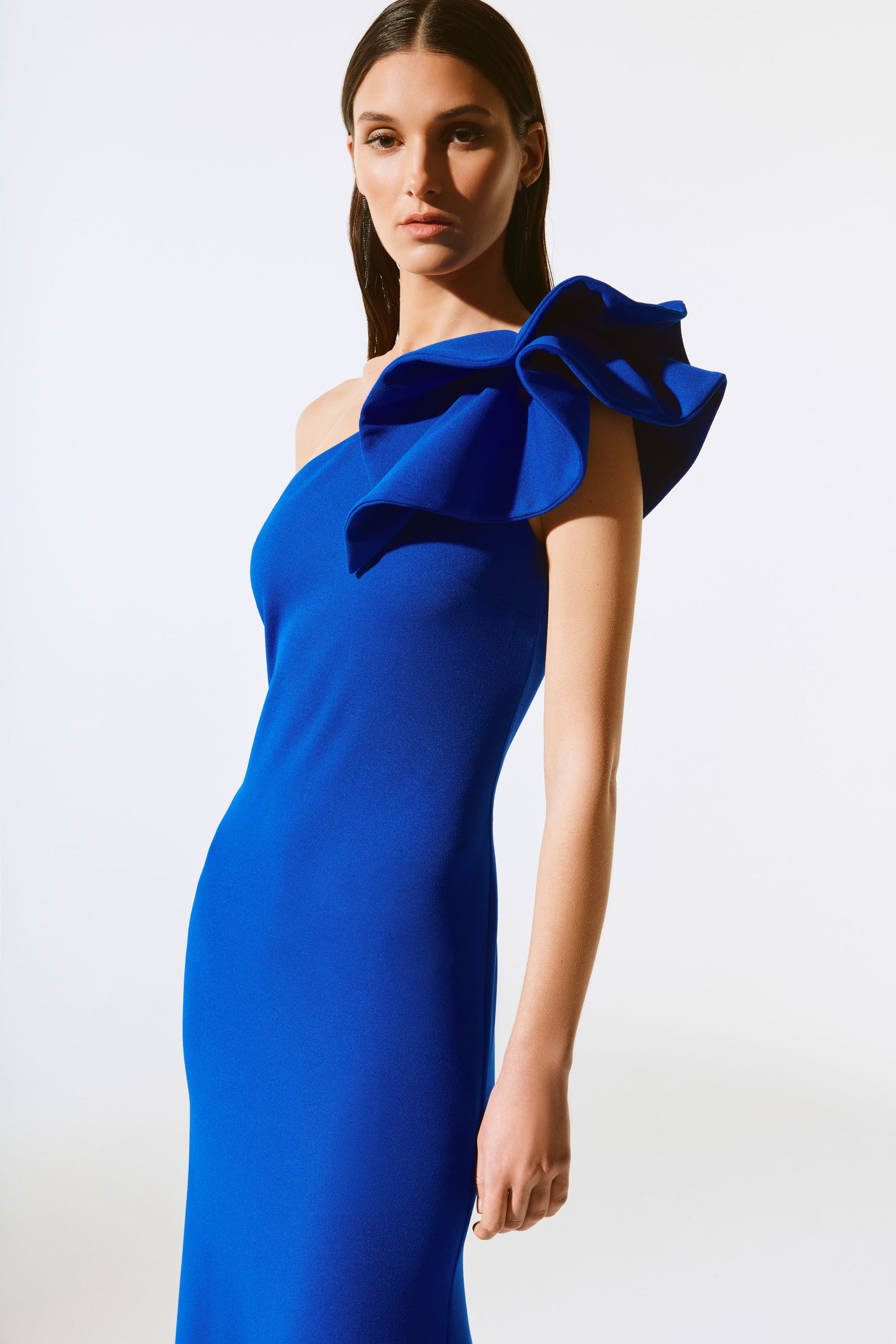 Scuba Crepe Ruffled One-Shoulder Gown