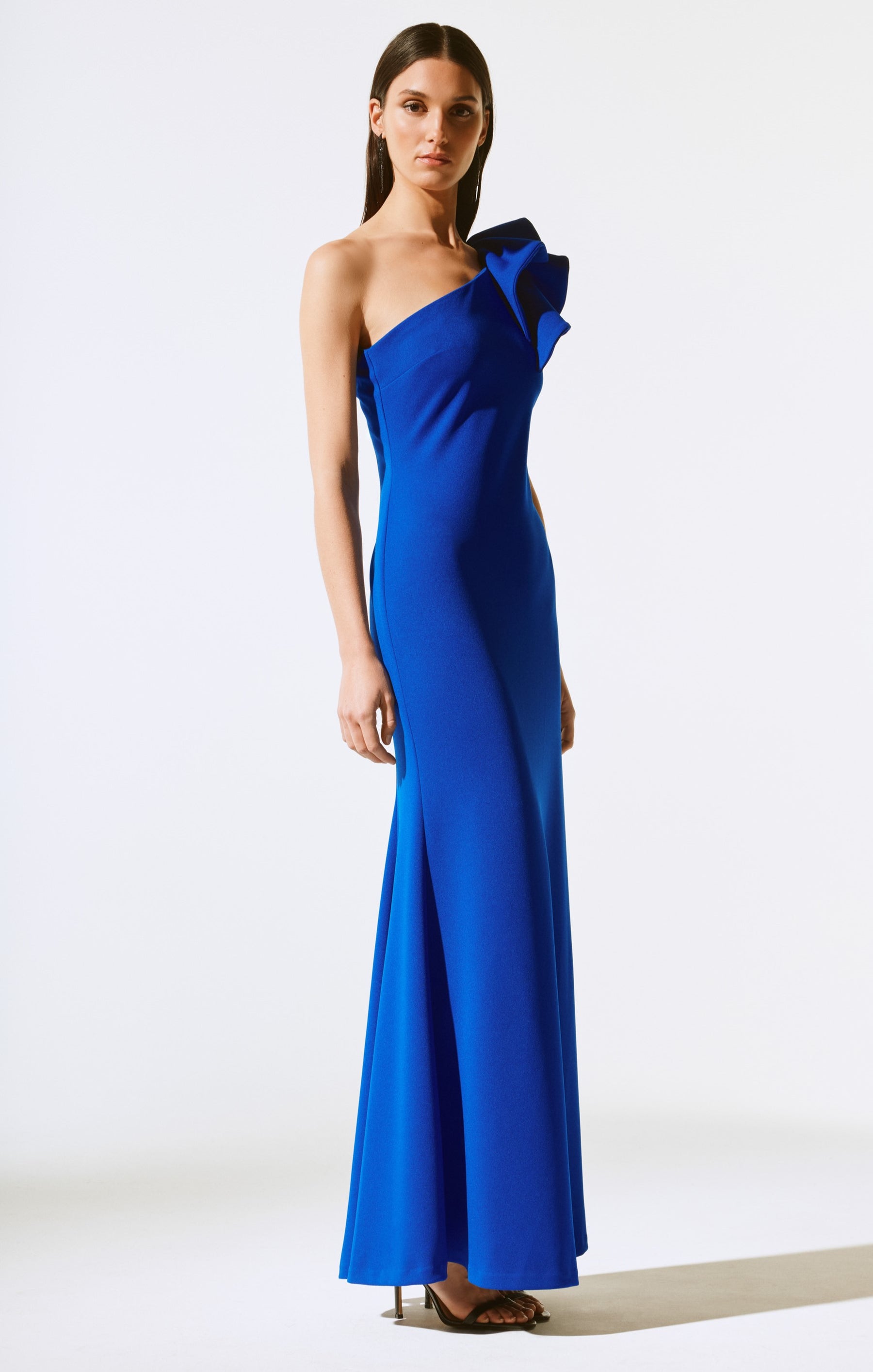 Scuba Crepe Ruffled One-Shoulder Gown
