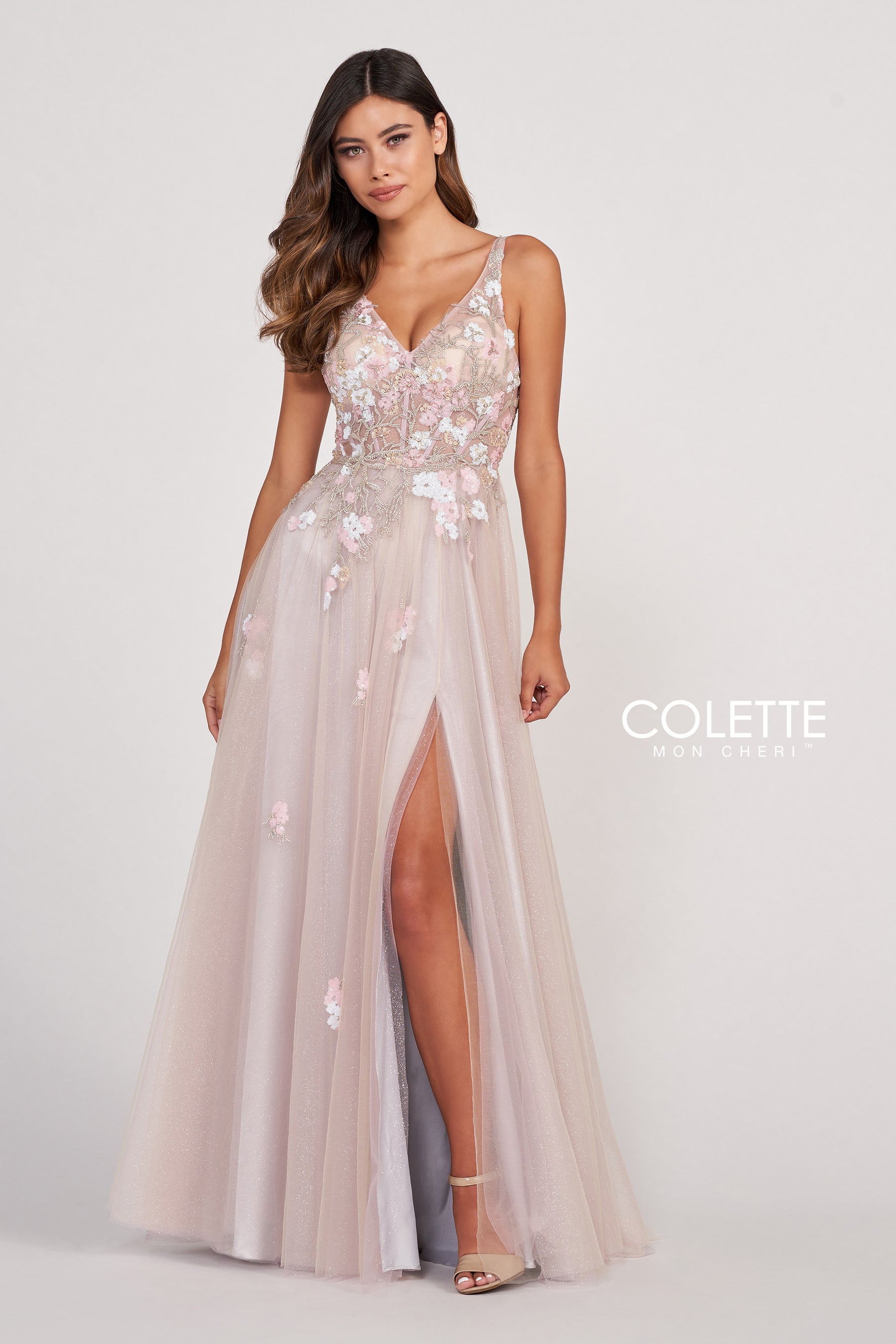 Sequin Floral Applique Corset Back Gown