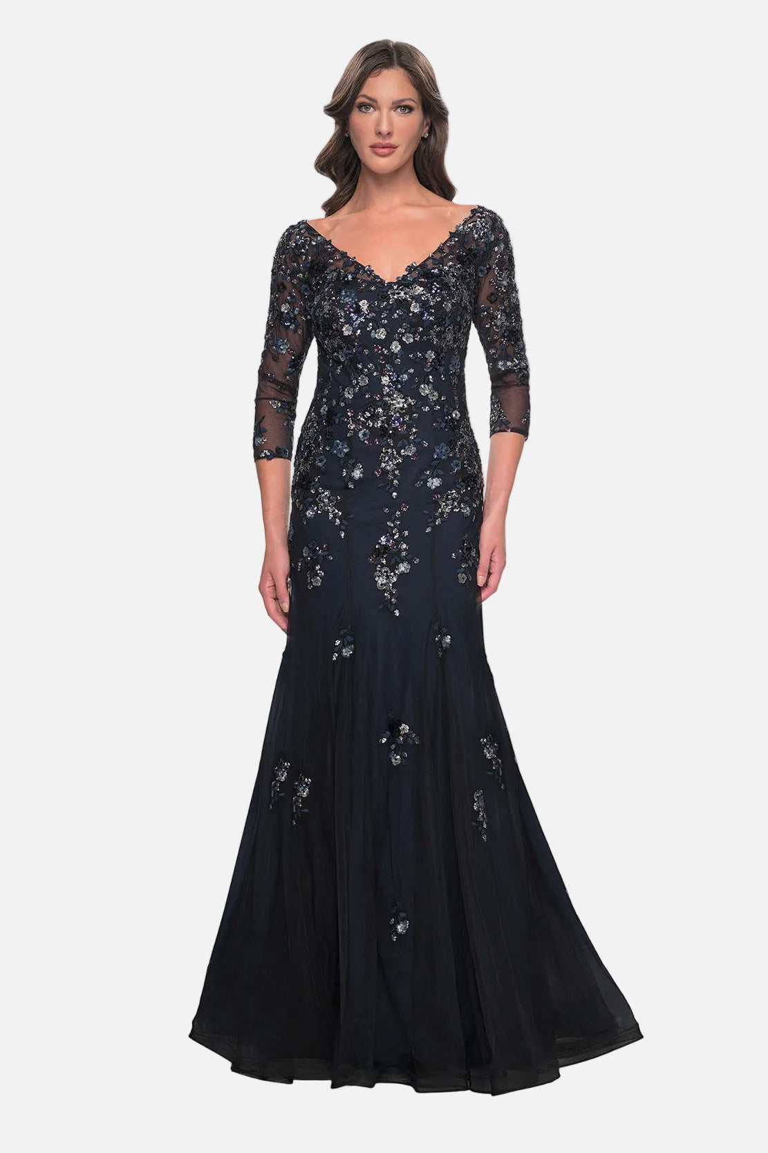 Sequin Floral Applique Mermaid Gown with Sleeves