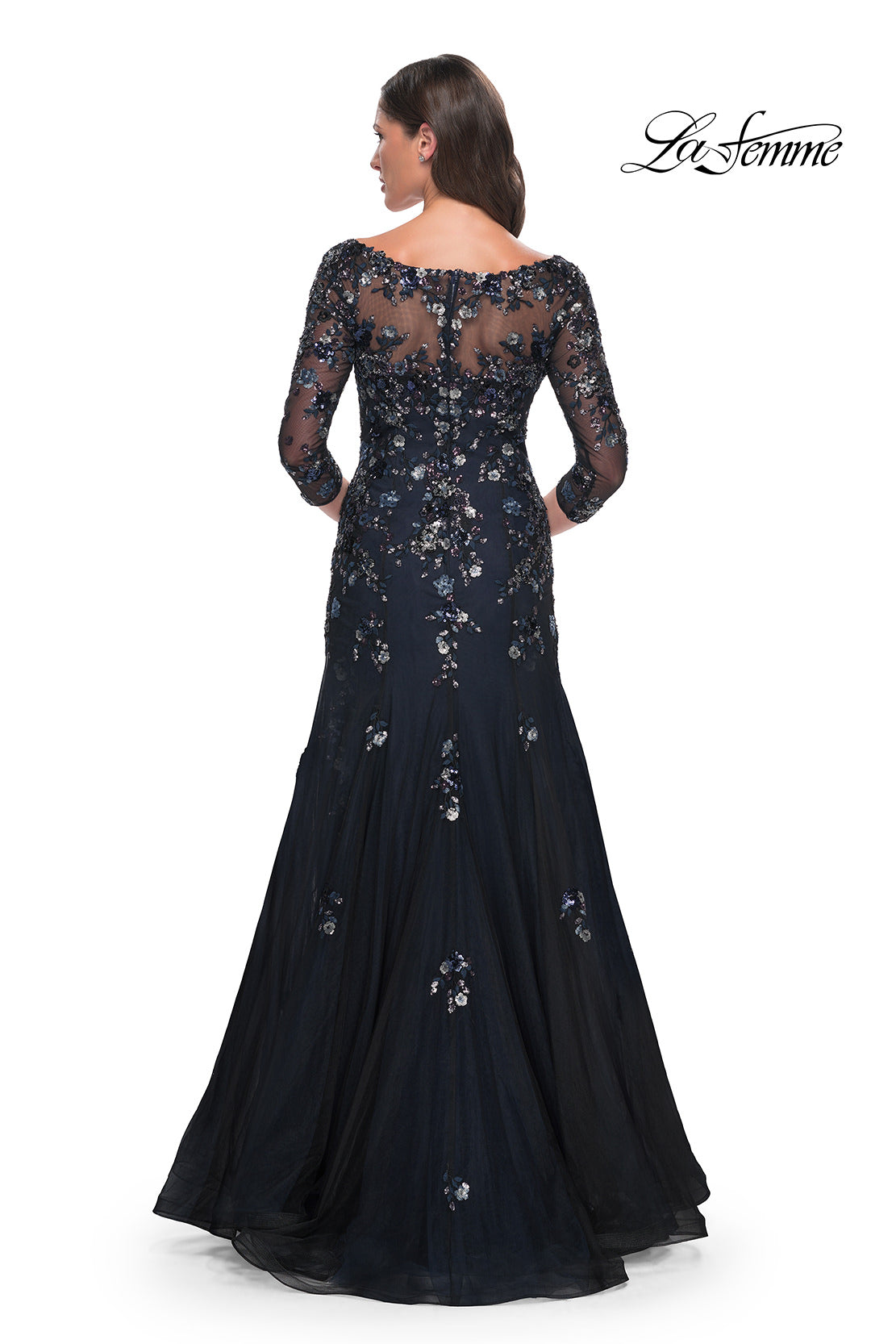 Sequin Floral Applique Mermaid Gown with Sleeves