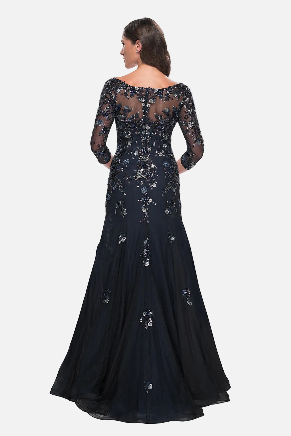 Sequin Floral Applique Mermaid Gown with Sleeves