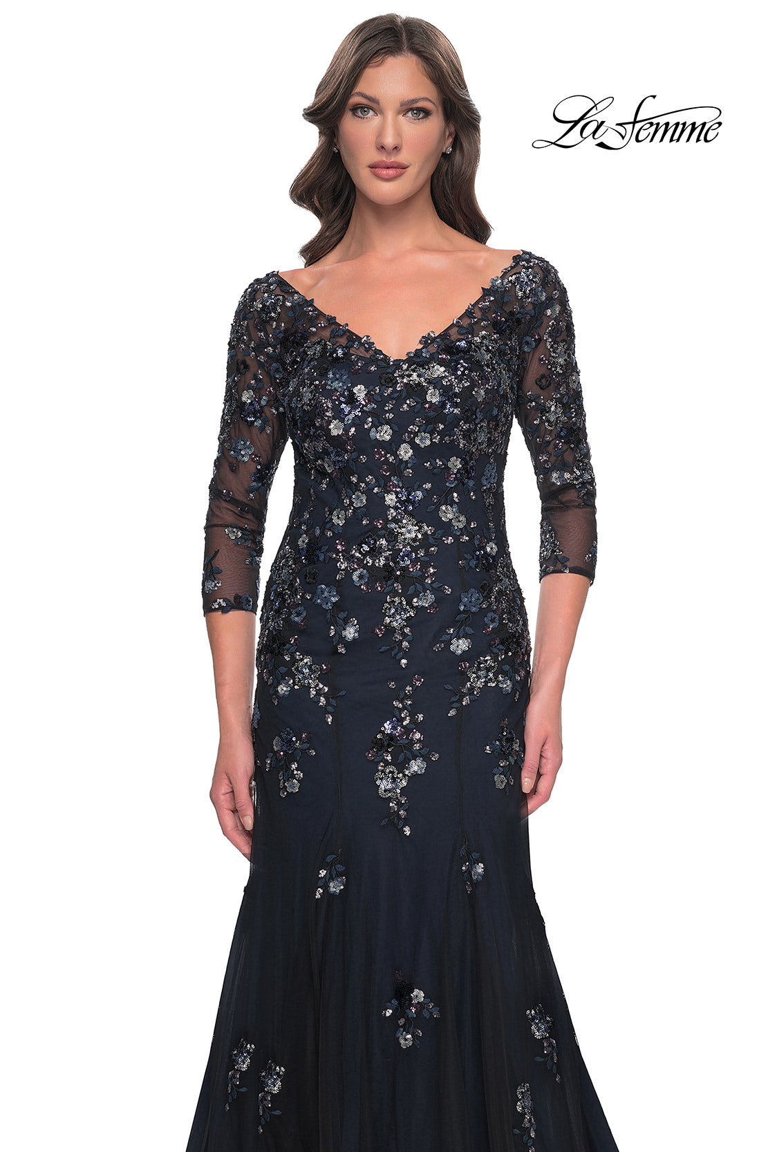 Sequin Floral Applique Mermaid Gown with Sleeves