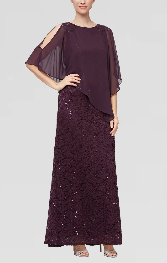 Sequin Lace Gown With Jeweled Capelet Overlay