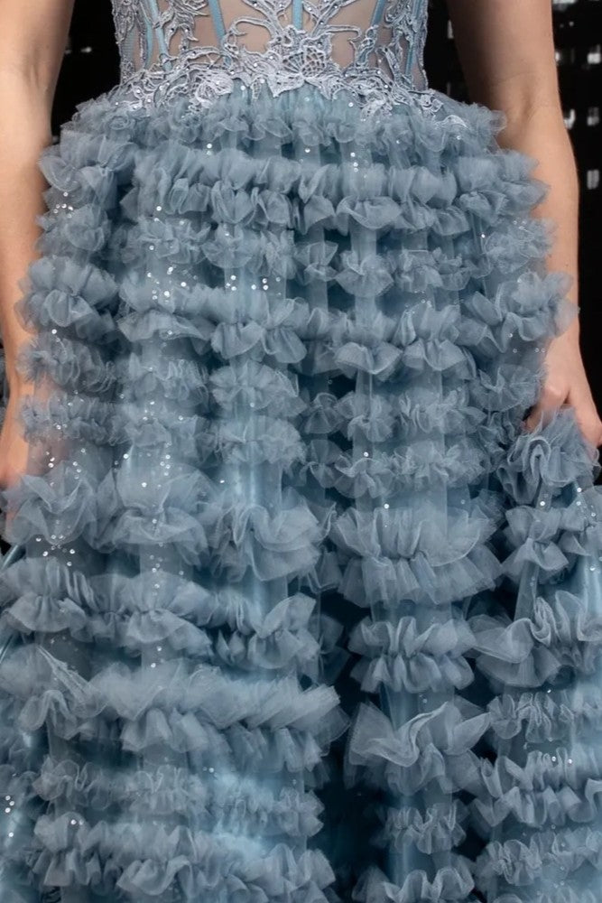 Sequin Ruffled Tulle with Applique Short Dress