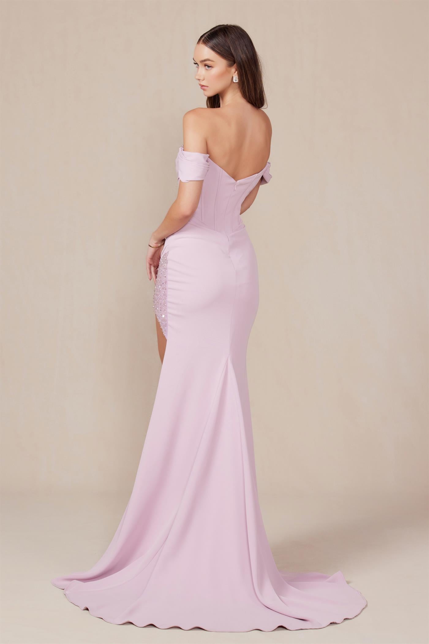 Sequined Off Shoulder Stretch Satin Gown