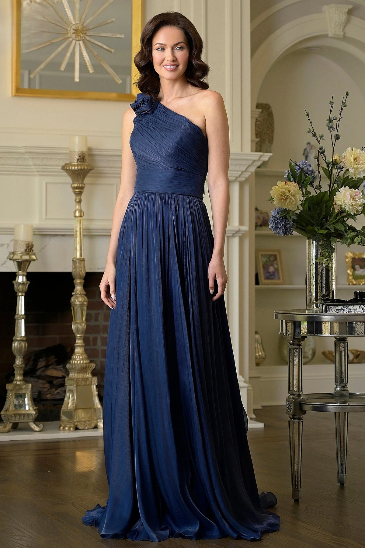 Shimmer Crinkle Chiffon One Shoulder Gown