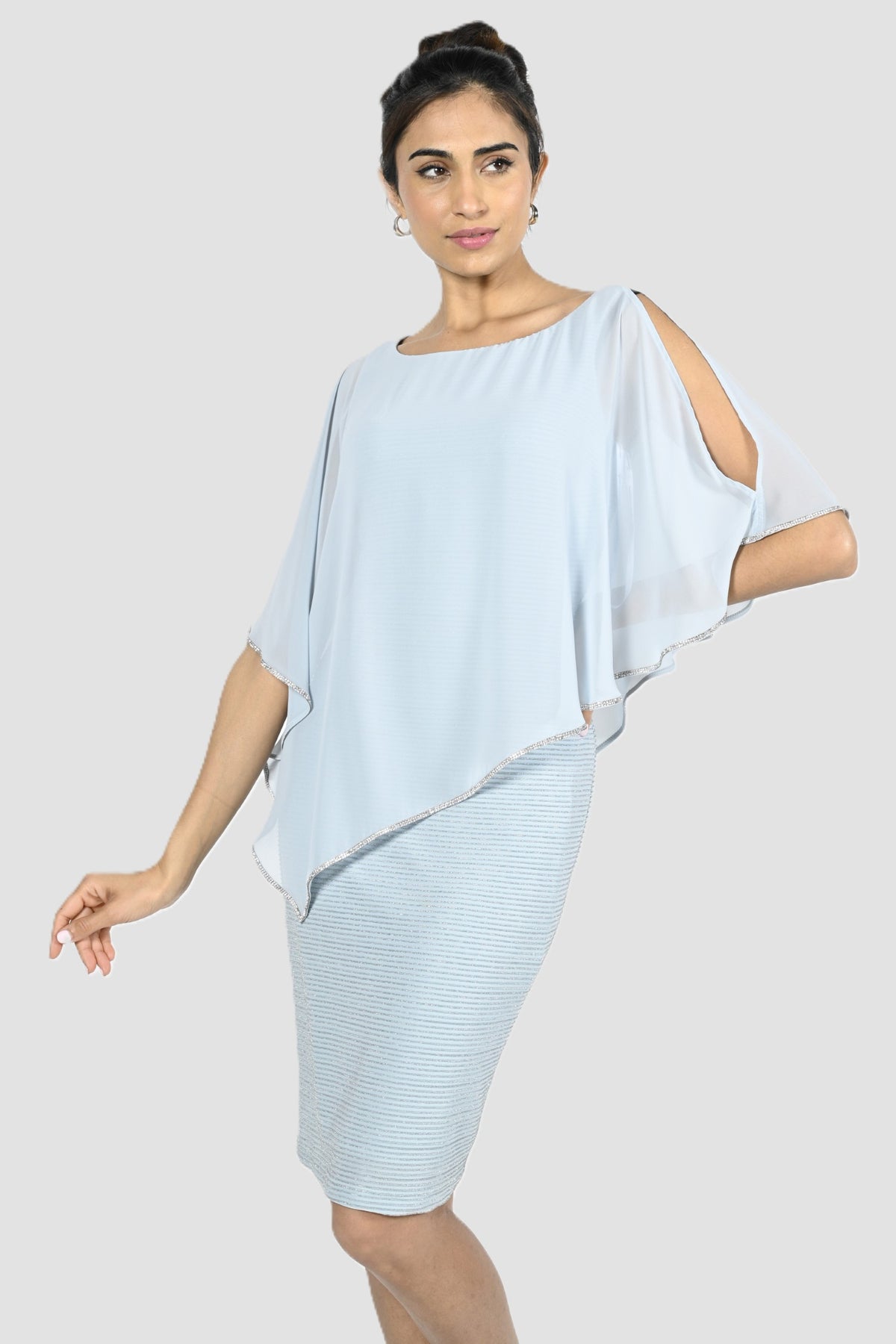 Shimmer Knit Dress with Chiffon Overlay - Aquamist