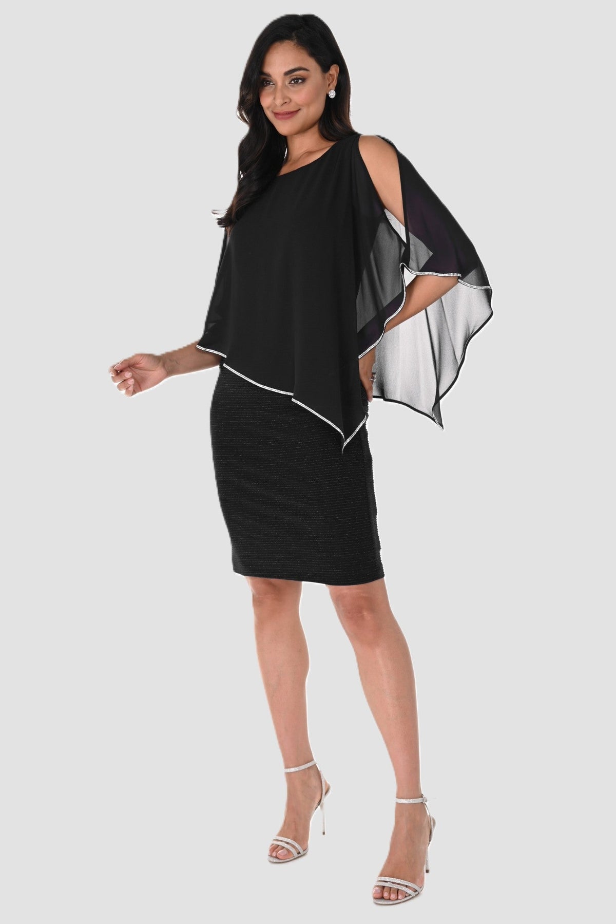 Shimmer Knit Dress with Chiffon Overlay - Black