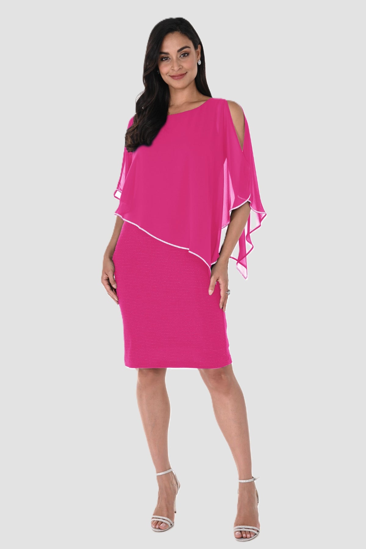 Shimmer Knit Dress with Chiffon Overlay - Fuchsia