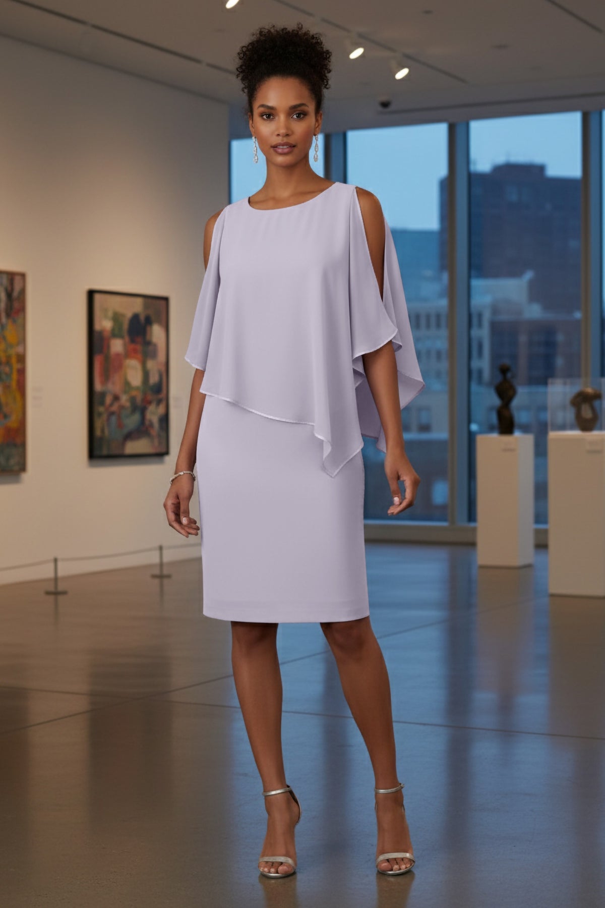 Shimmer Knit Dress with Chiffon Overlay - Light Lavender