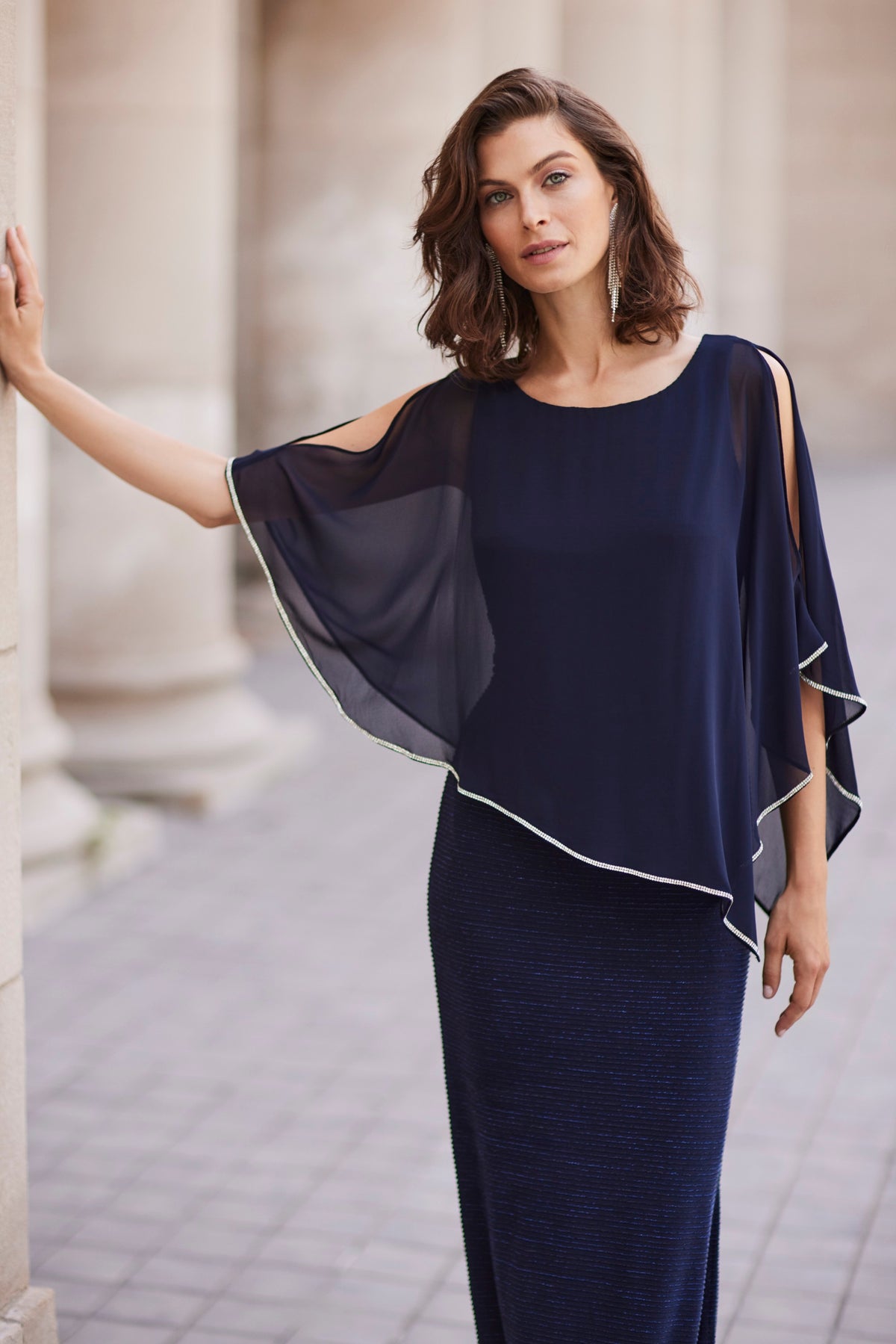 Shimmer Knit Gown with Chiffon Overlay - Midnight