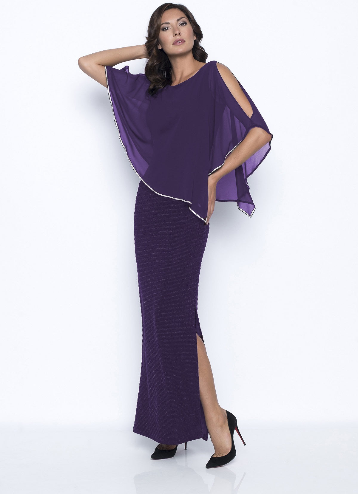 Shimmer Knit Gown with Chiffon Overlay - Raisin
