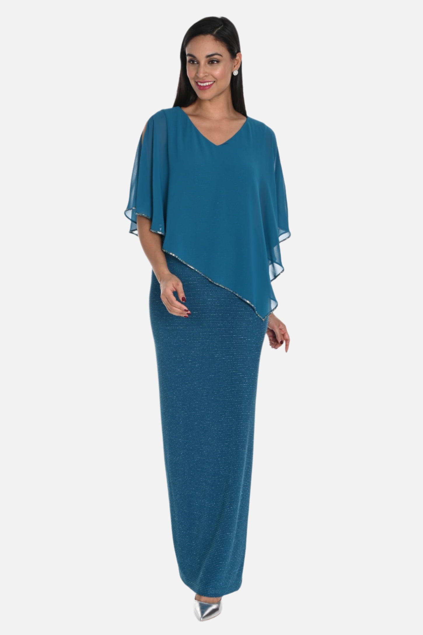 Shimmer Knit V-Neck Gown with Iridescent Jeweled Overlay