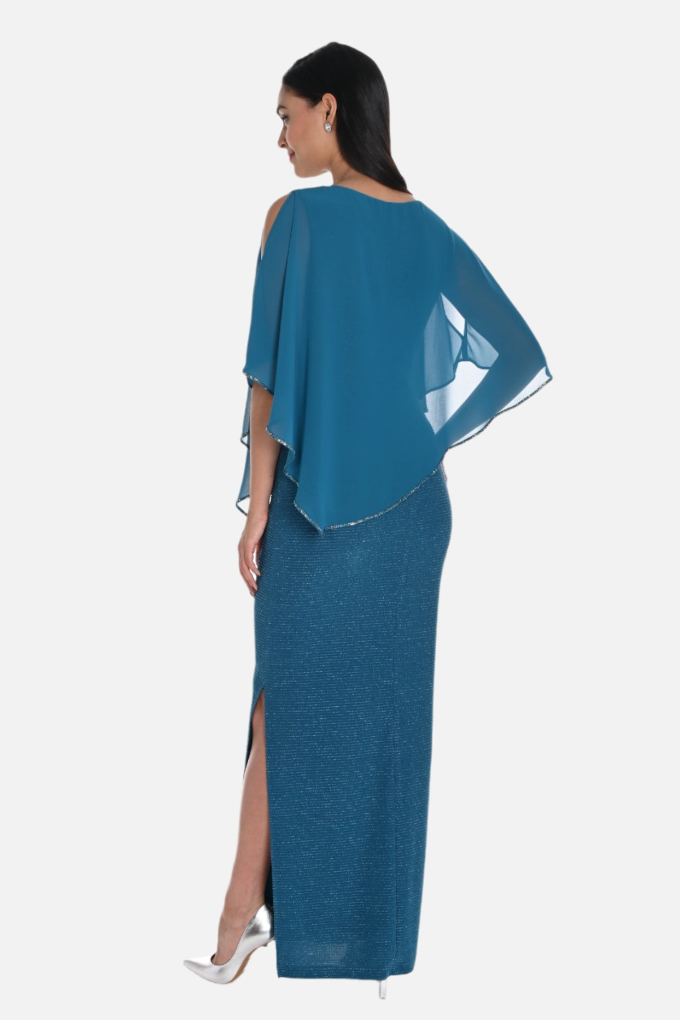 Shimmer Knit V-Neck Gown with Iridescent Jeweled Overlay