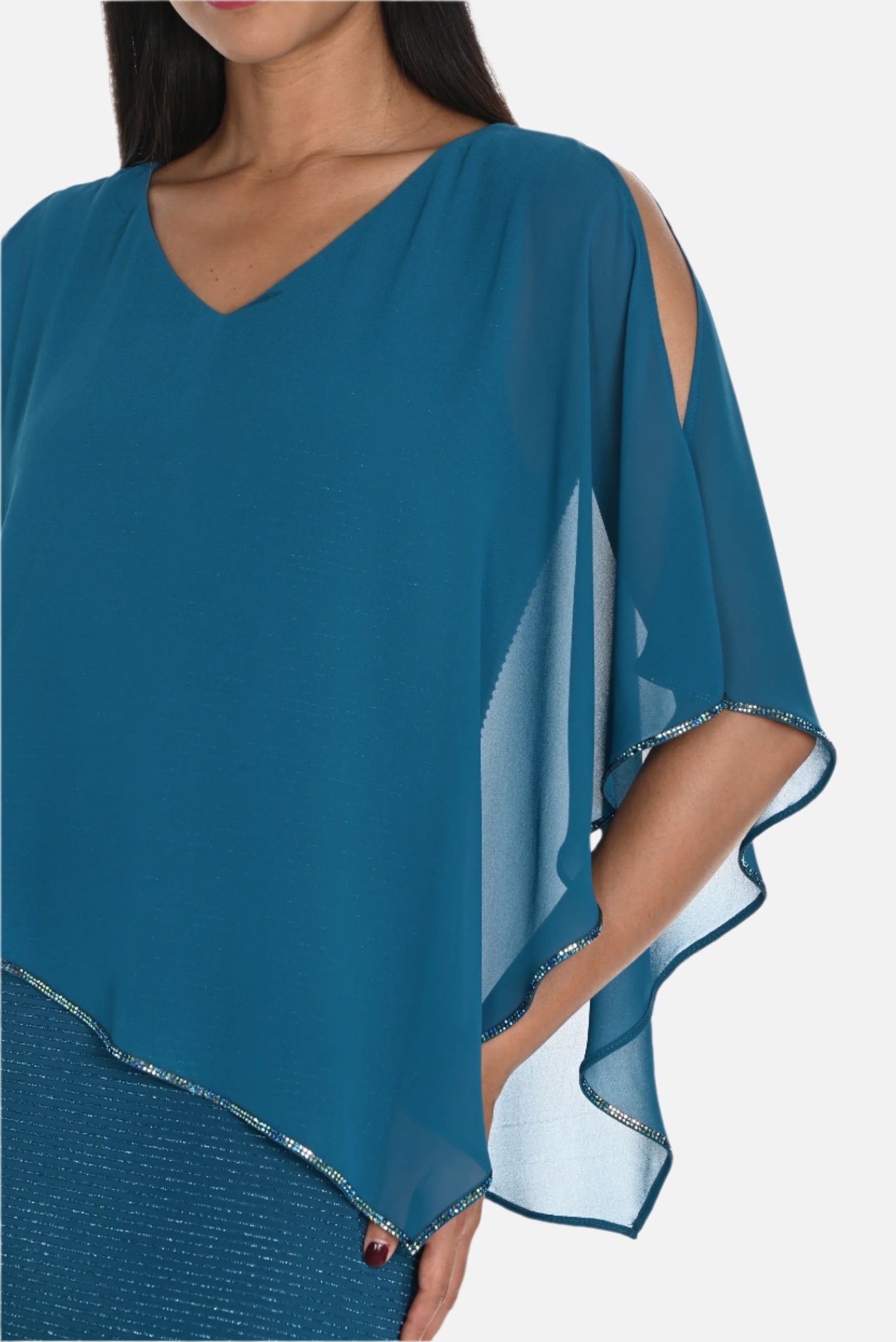 Shimmer Knit V-Neck Gown with Iridescent Jeweled Overlay