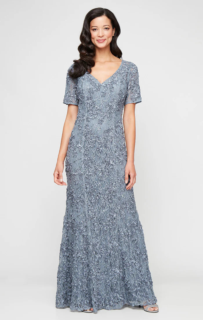 Shimmer Soutache and Lace Illusion Sleeve Long Dress