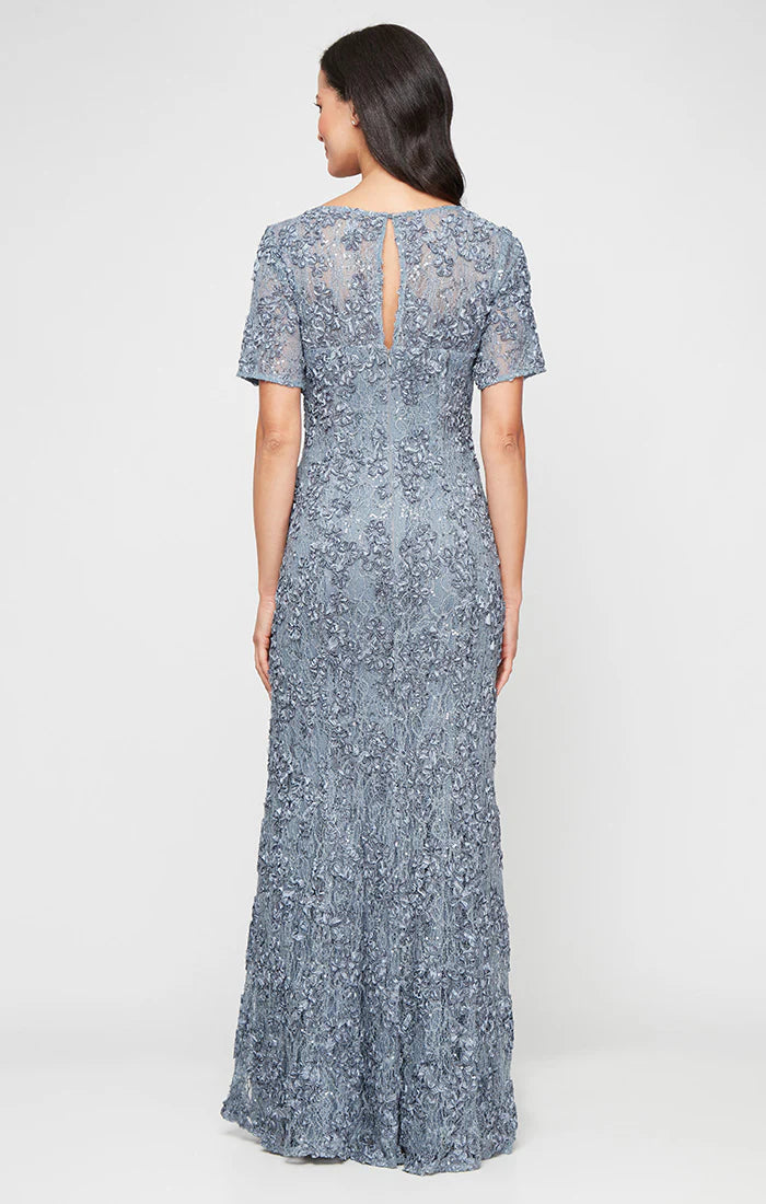 Shimmer Soutache and Lace Illusion Sleeve Long Dress