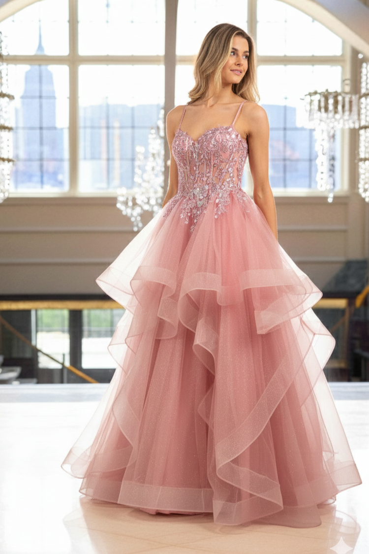 Shimmery Layered Tulle Illusion Corset Gown