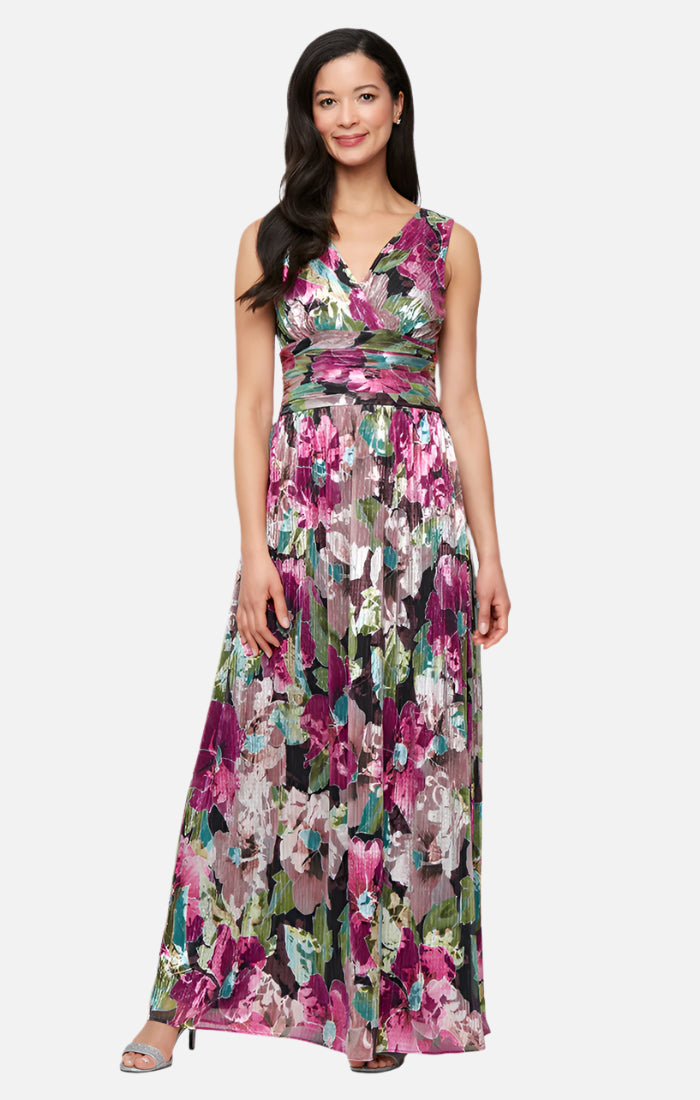 Shimmery V-Neck Floral Long Dress