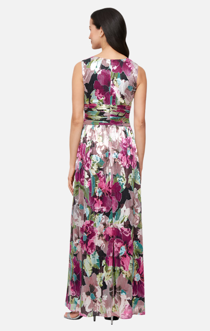 Shimmery V-Neck Floral Long Dress