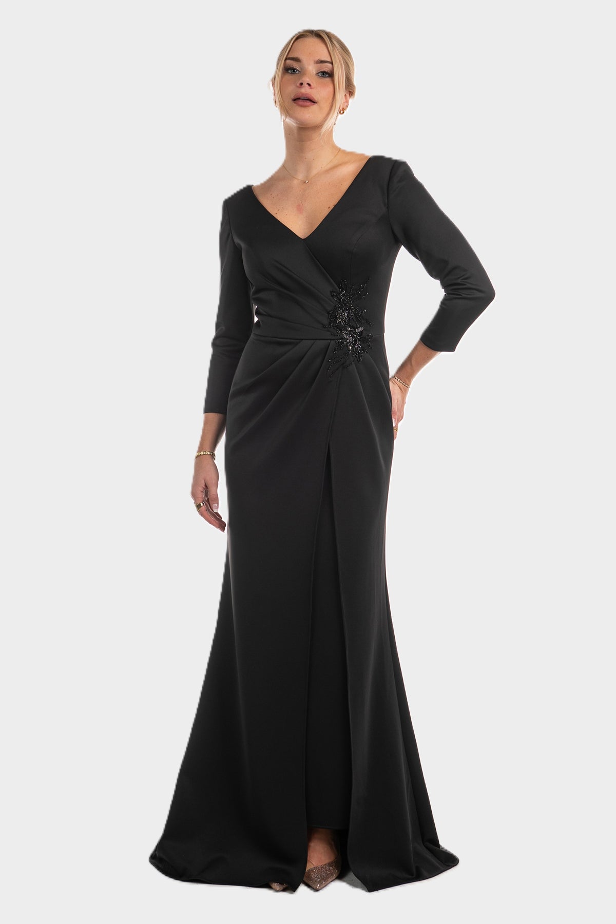 Side Ruched V-Neck Gown with Beaded Accents