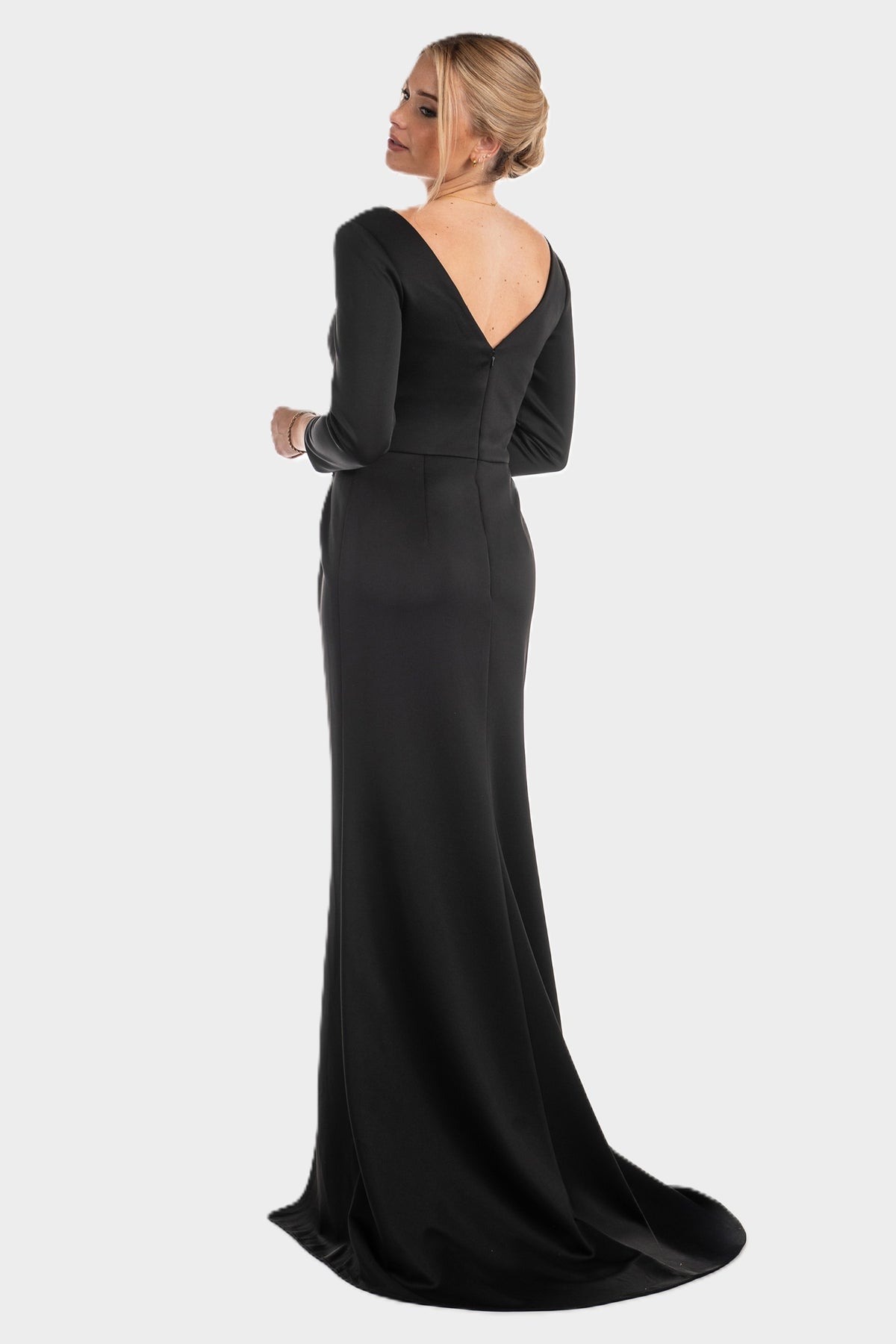 Side Ruched V-Neck Gown with Beaded Accents