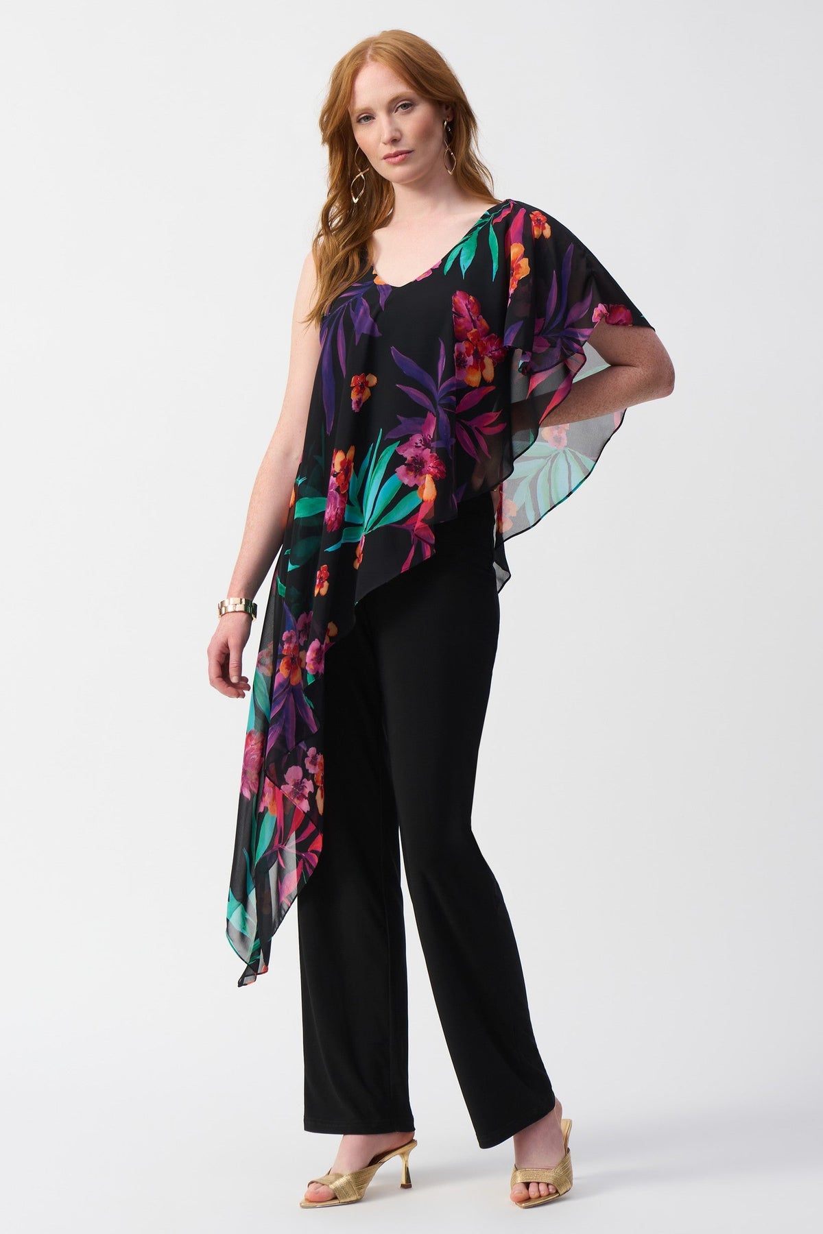 Silky Knit Jumpsuit with Tropical Chiffon Overlay
