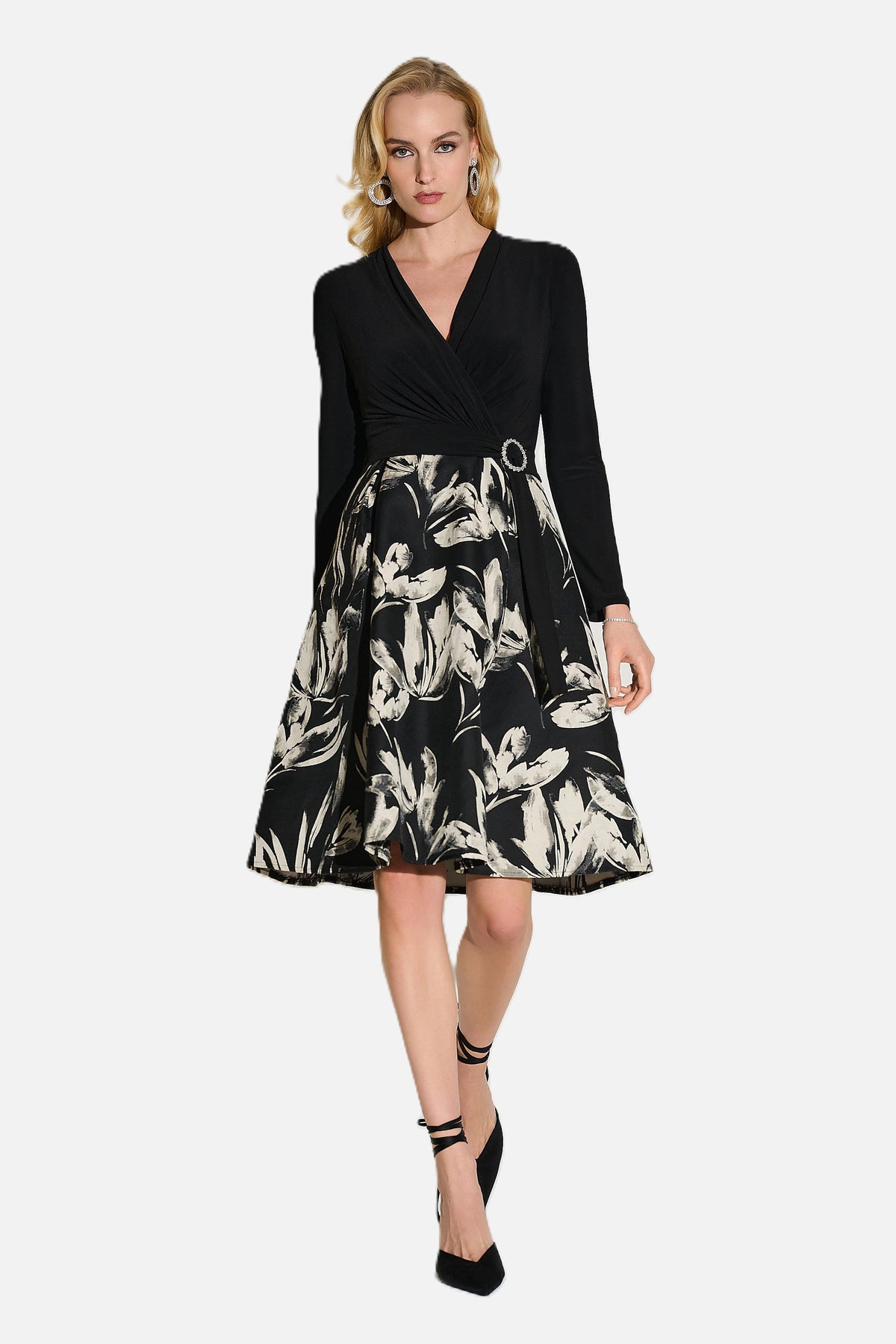 Silky Knit and Floral Jacquard Flared Dress